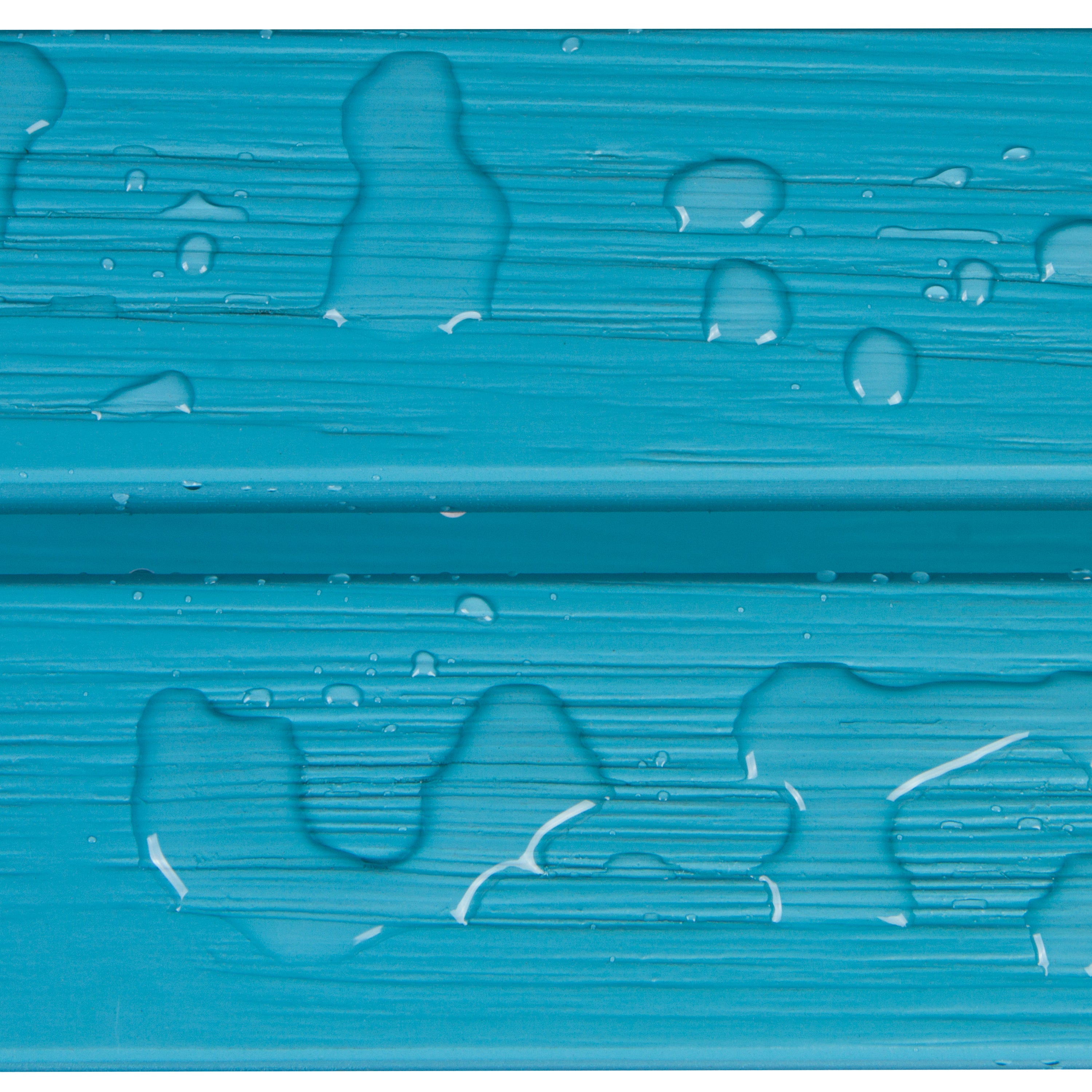 A close-up of a bright turquoise-blue textured surface with water droplets and puddles on a horizontal seam, showing a waterproof or water-resistant finish.