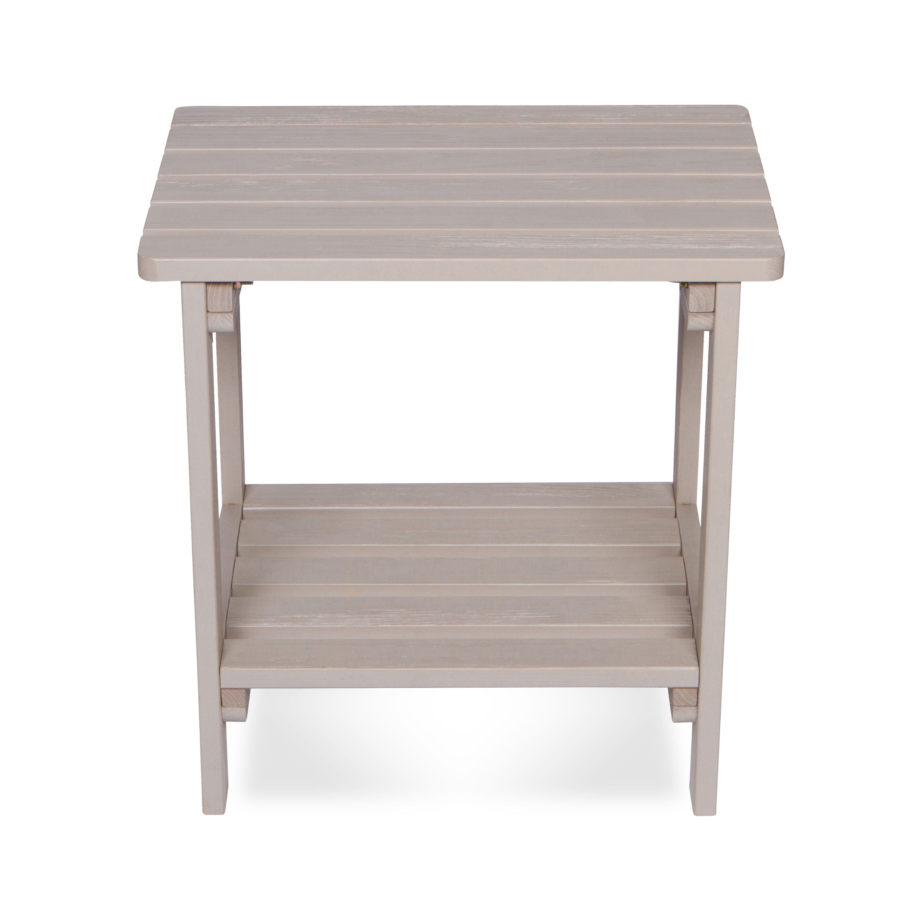 A square outdoor side table with a slatted top and lower shelf, finished in a light taupe-gray color, shown against a plain white background.