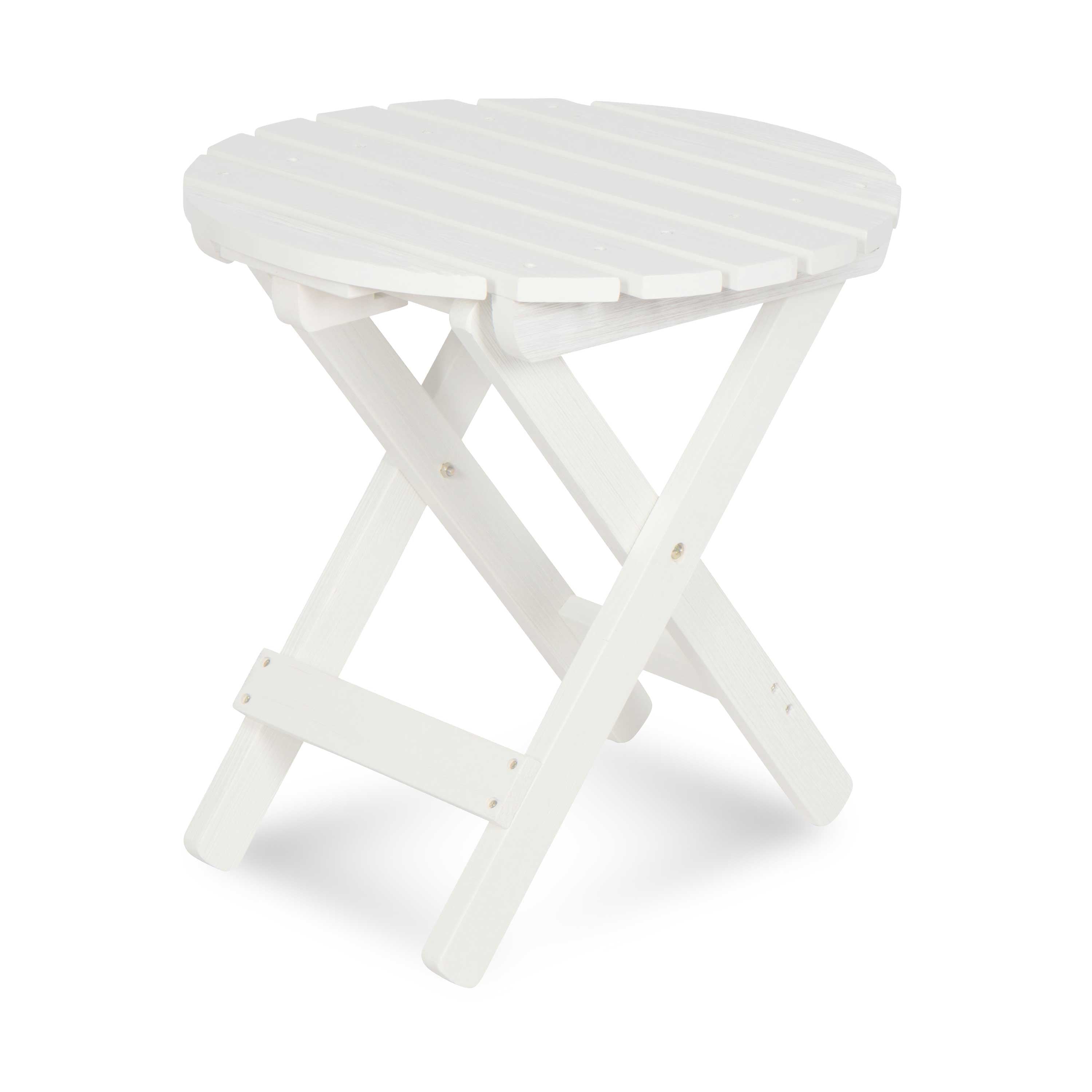 A white folding side stool with a slatted round seat and four folding legs, shown on a clean white background.