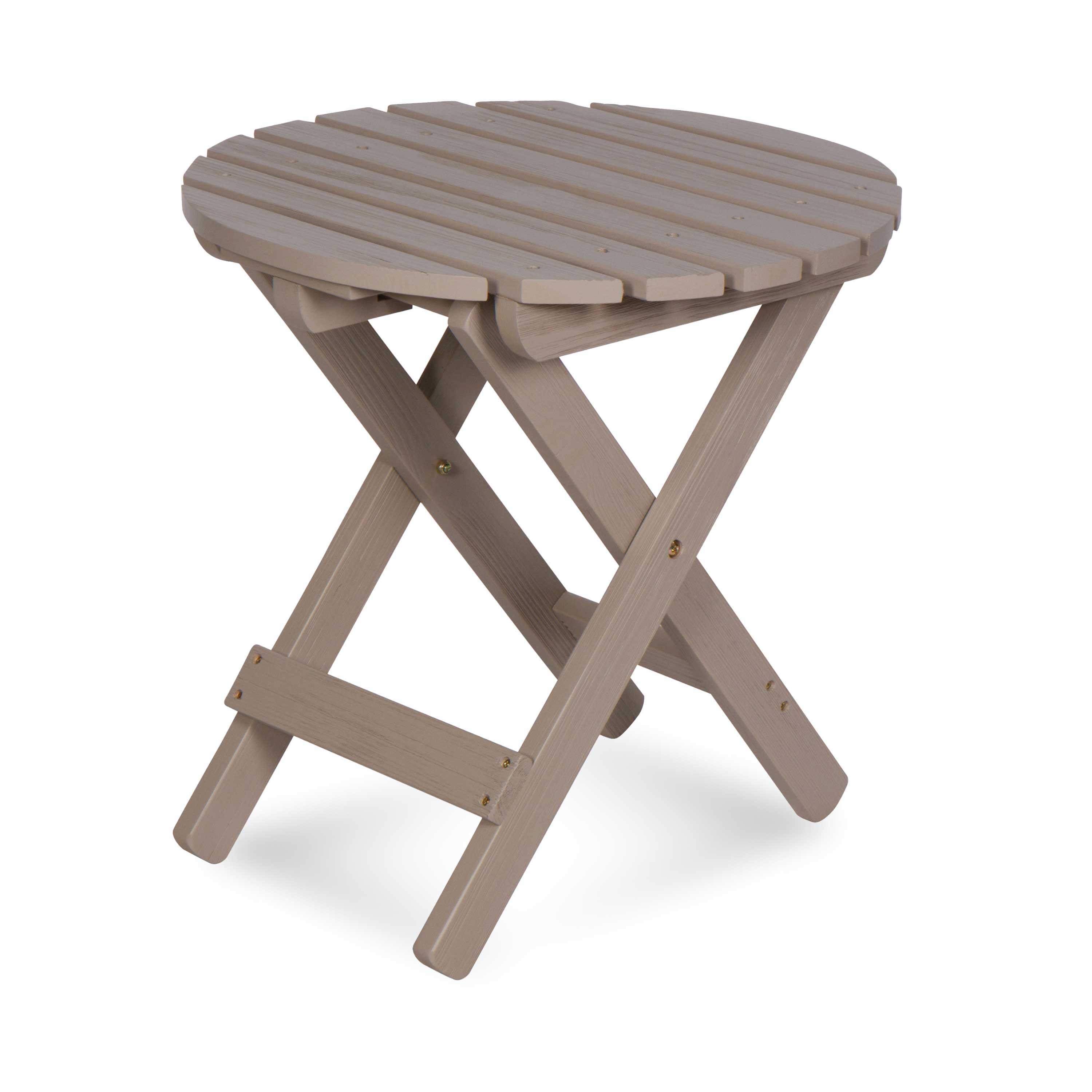 A round folding side table with a slatted top and X-frame legs, shown on a clean white background.