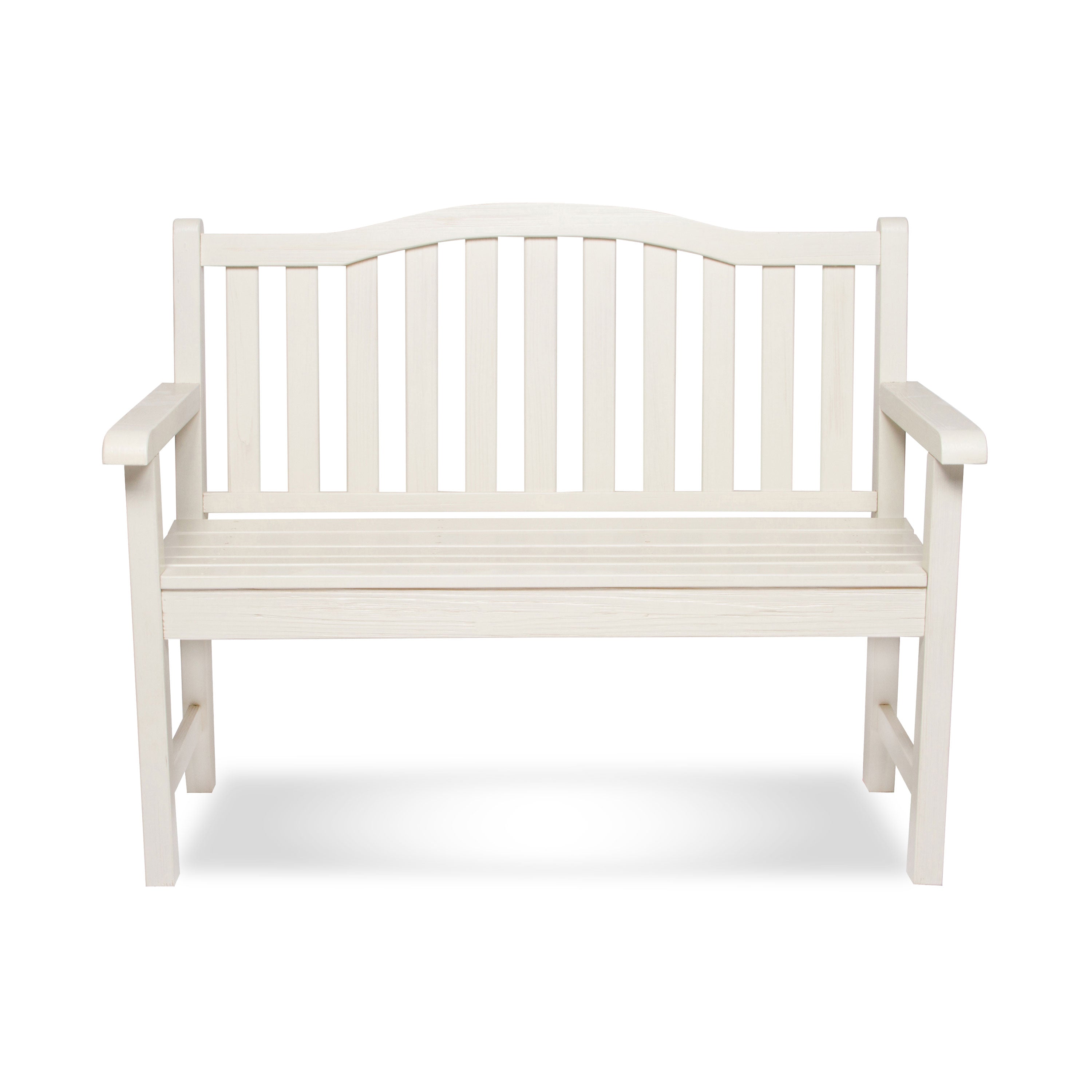 An off-white wooden garden bench with a slatted backrest and armrests, shown against a plain white background.