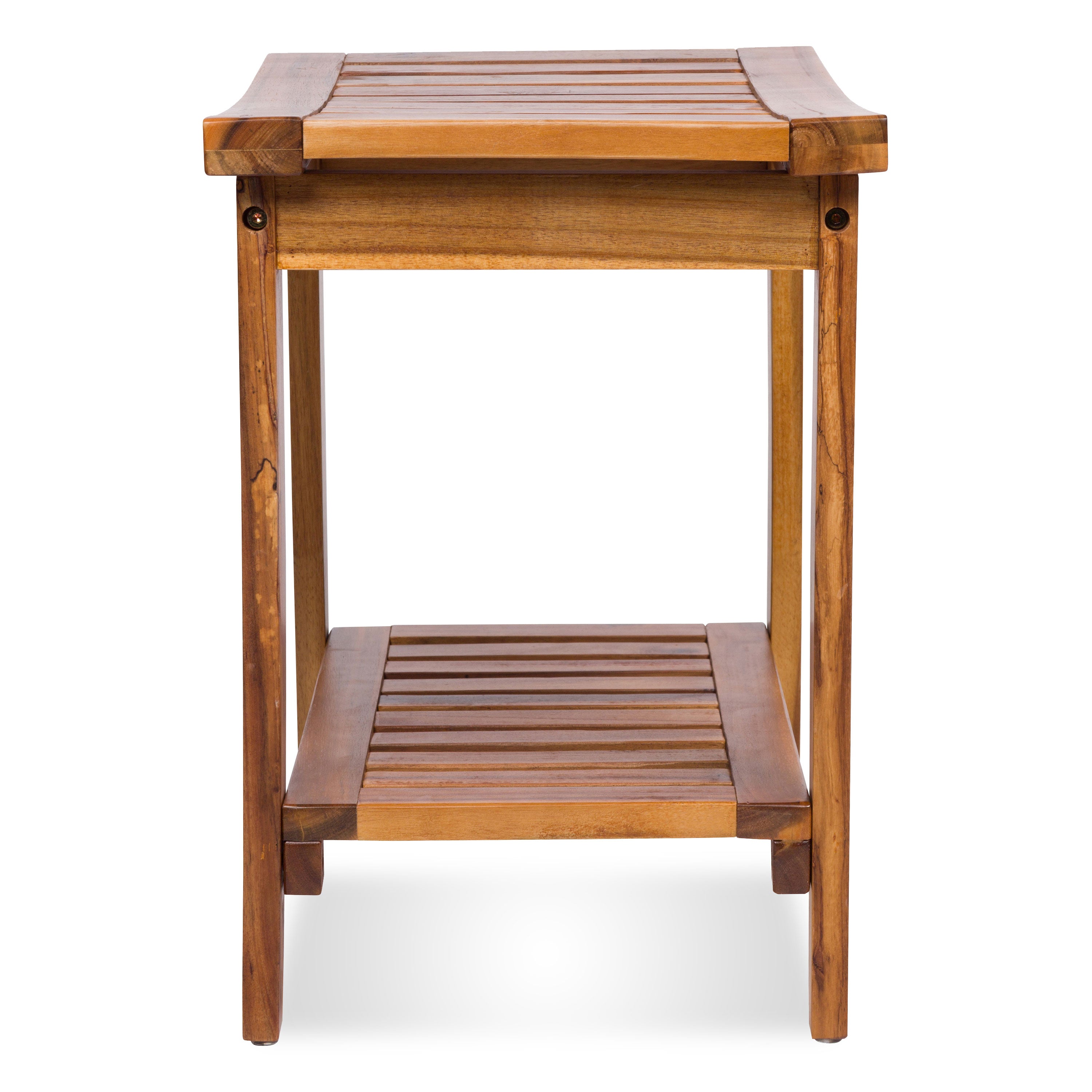 A two-tier wooden side table with a warm medium-brown finish, featuring a top shelf and a lower storage shelf with slatted panels, shown against a plain white background.