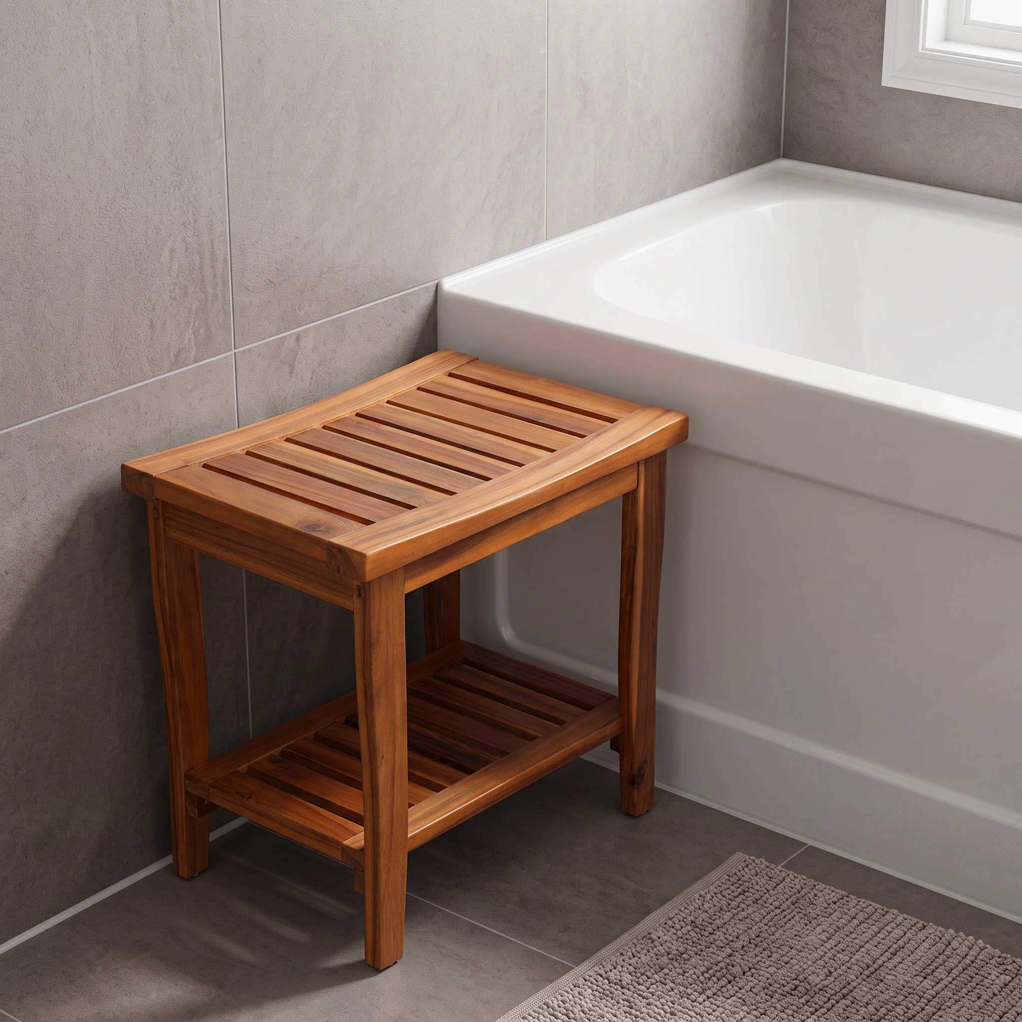 A small wooden bath stool with a slatted seat and lower shelf, placed beside a white bathtub in a tiled bathroom.