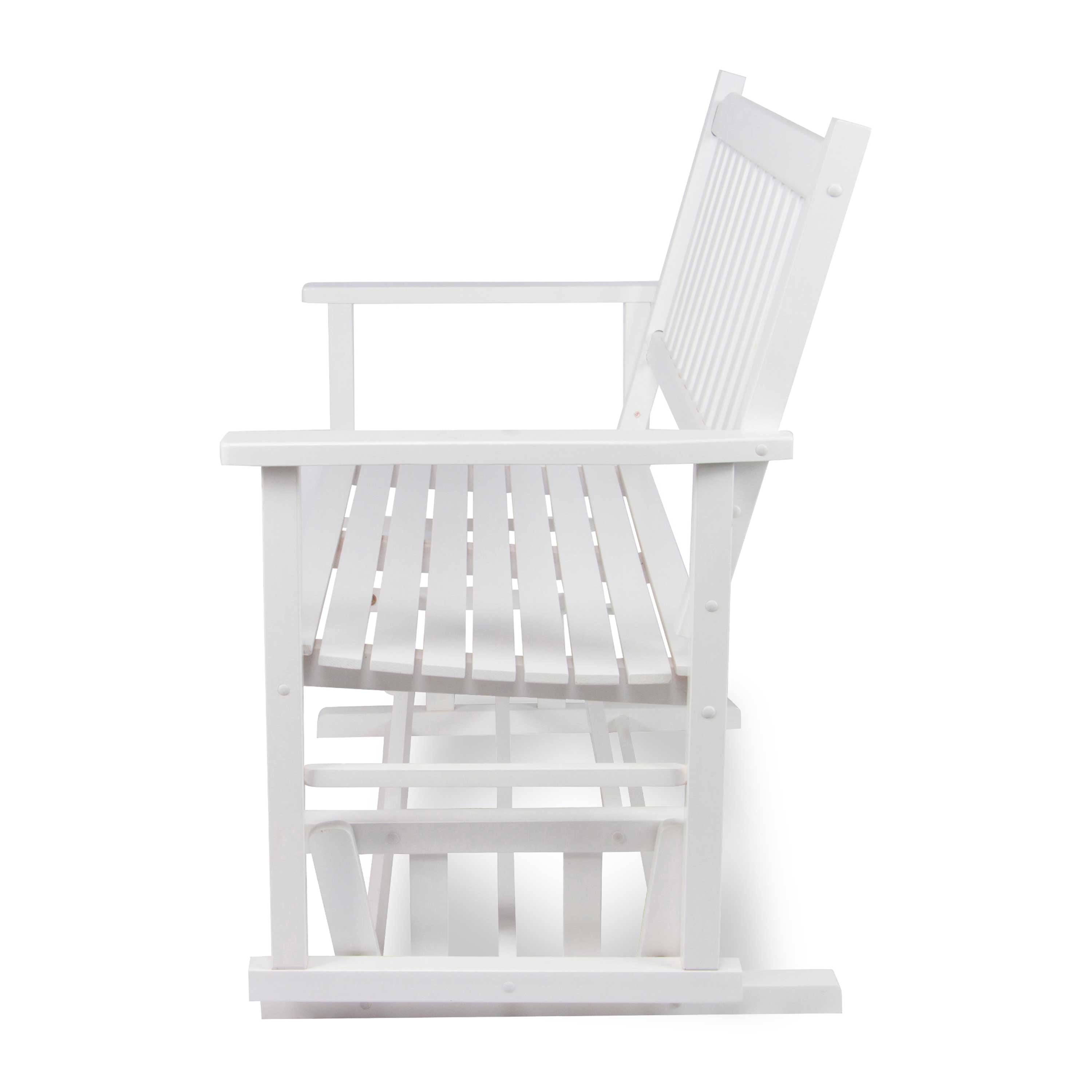 A white wooden rocking chair with a slatted backrest and seat, shown from a side angle against a plain white background.