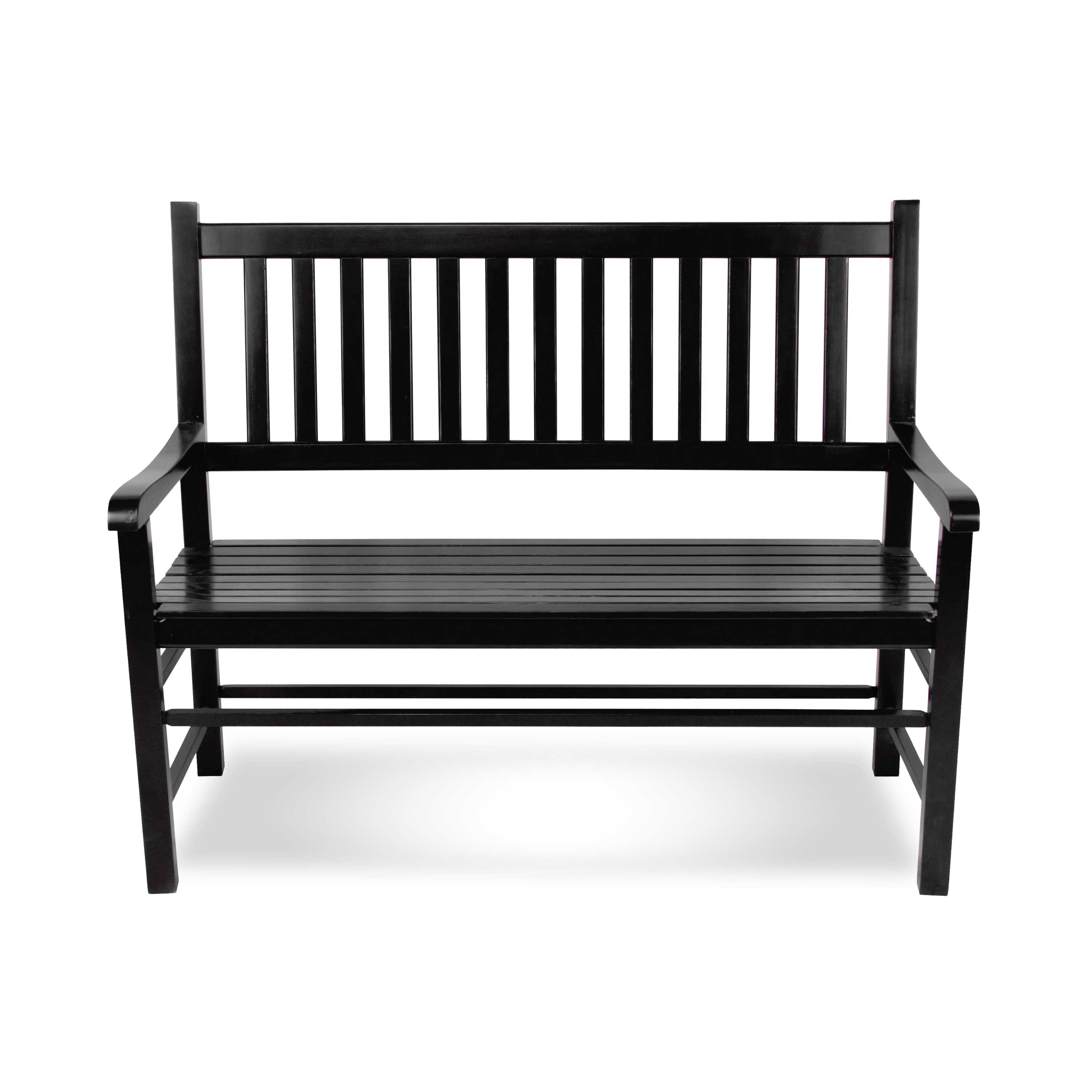 A black wooden garden bench with a slatted backrest and armrests, shown from the front on a white background.