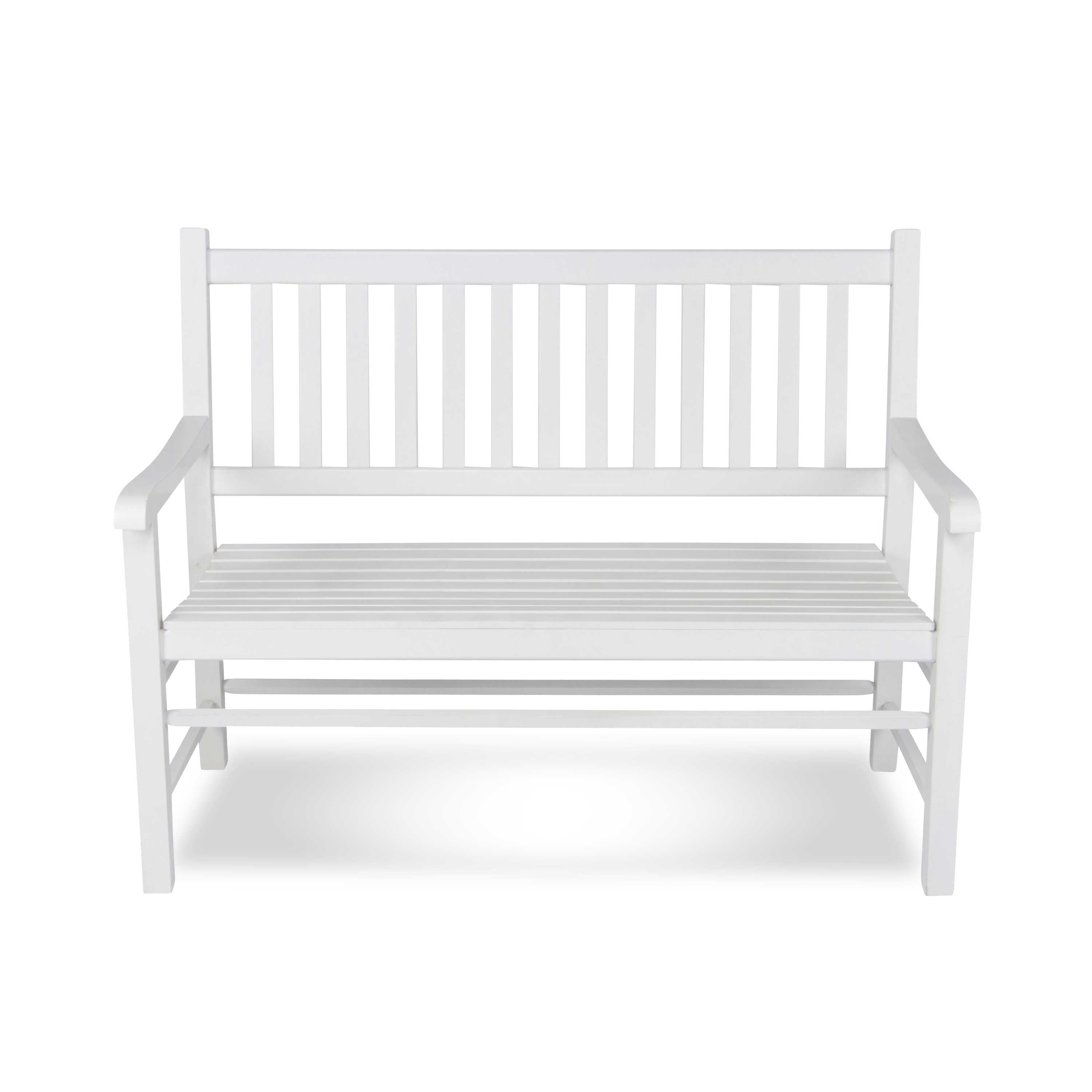 A white wooden garden bench with a slatted backrest and seat, shown from the front on a clean white background.
