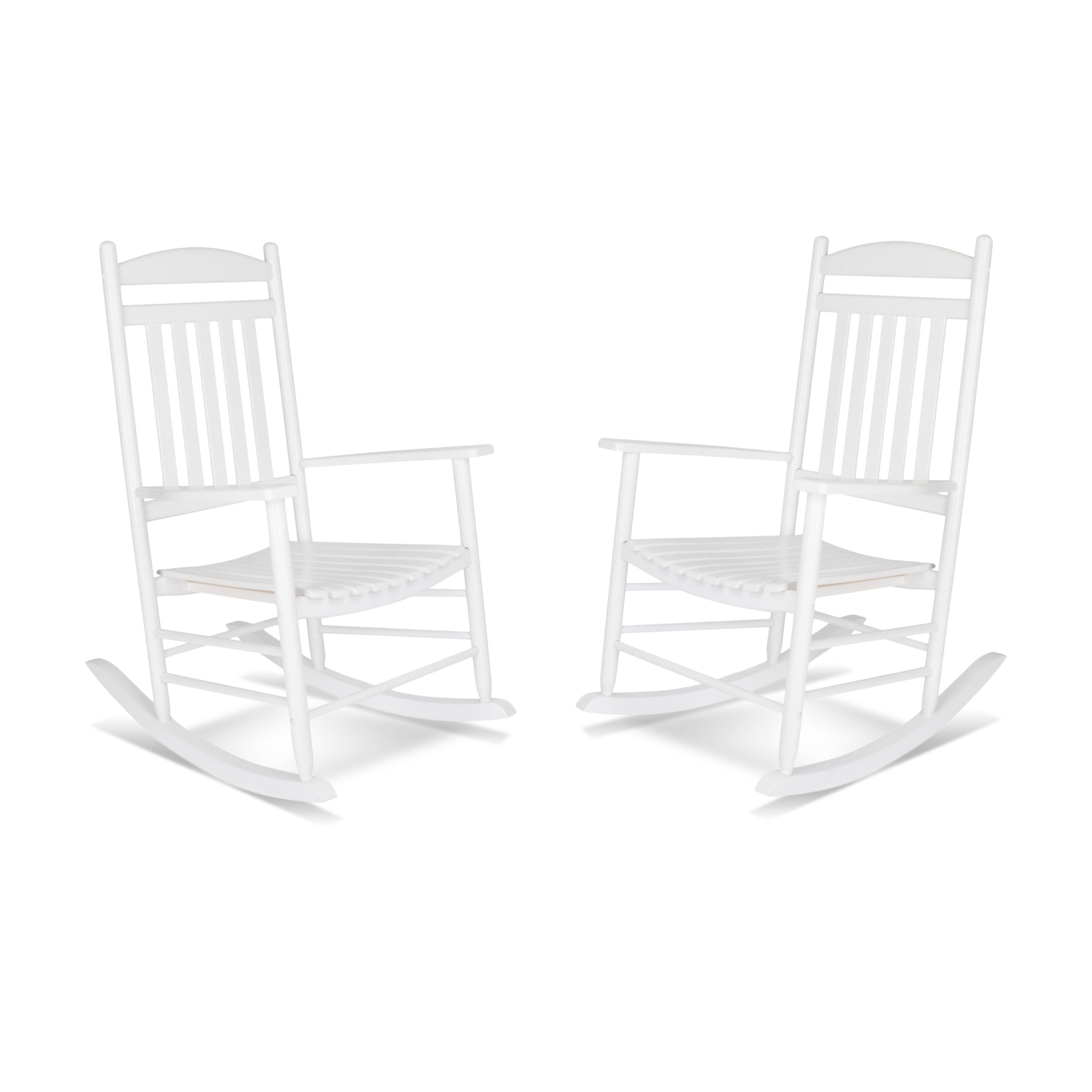 Two white wooden rocking chairs shown side by side on a plain white background.