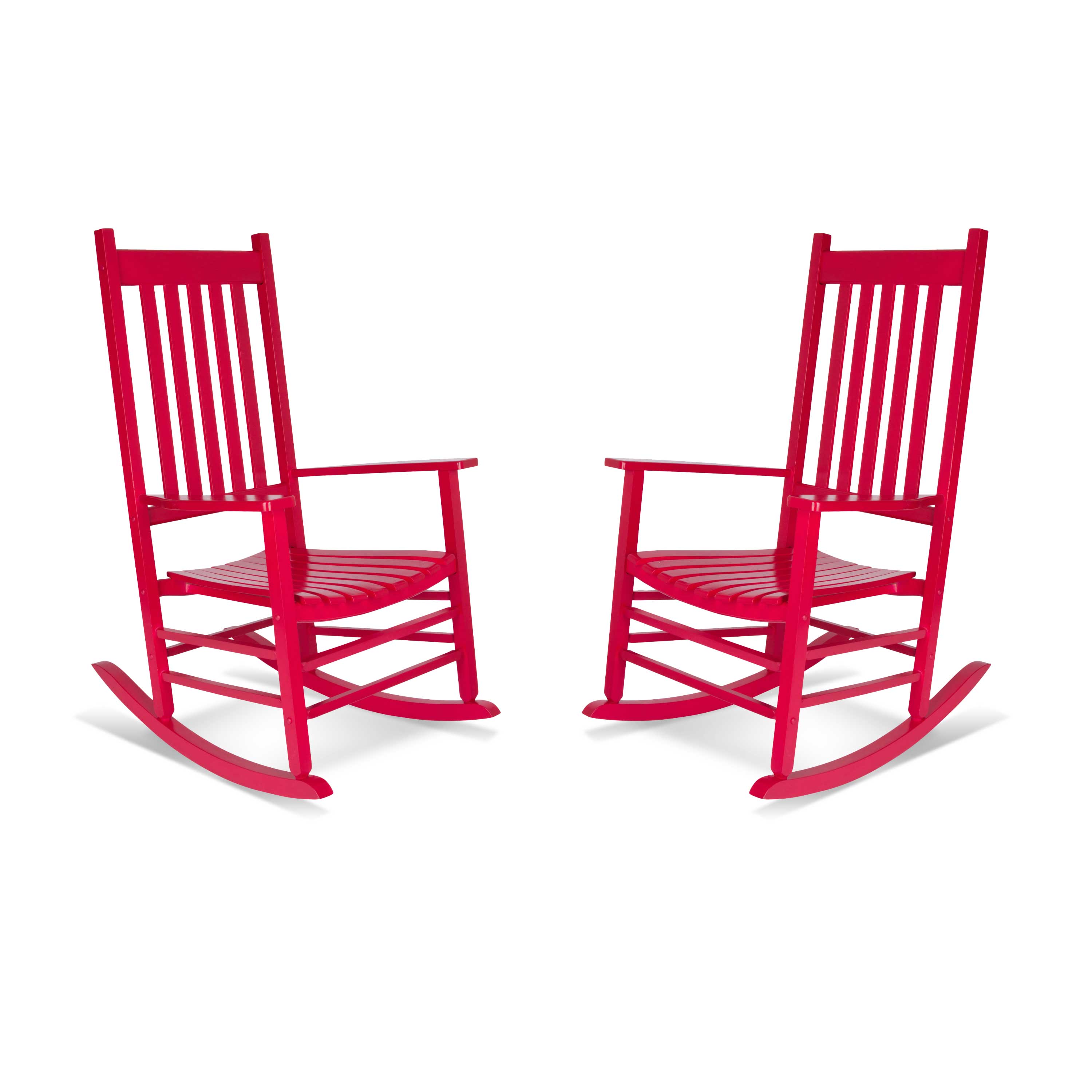 Two red rocking chairs on a white background