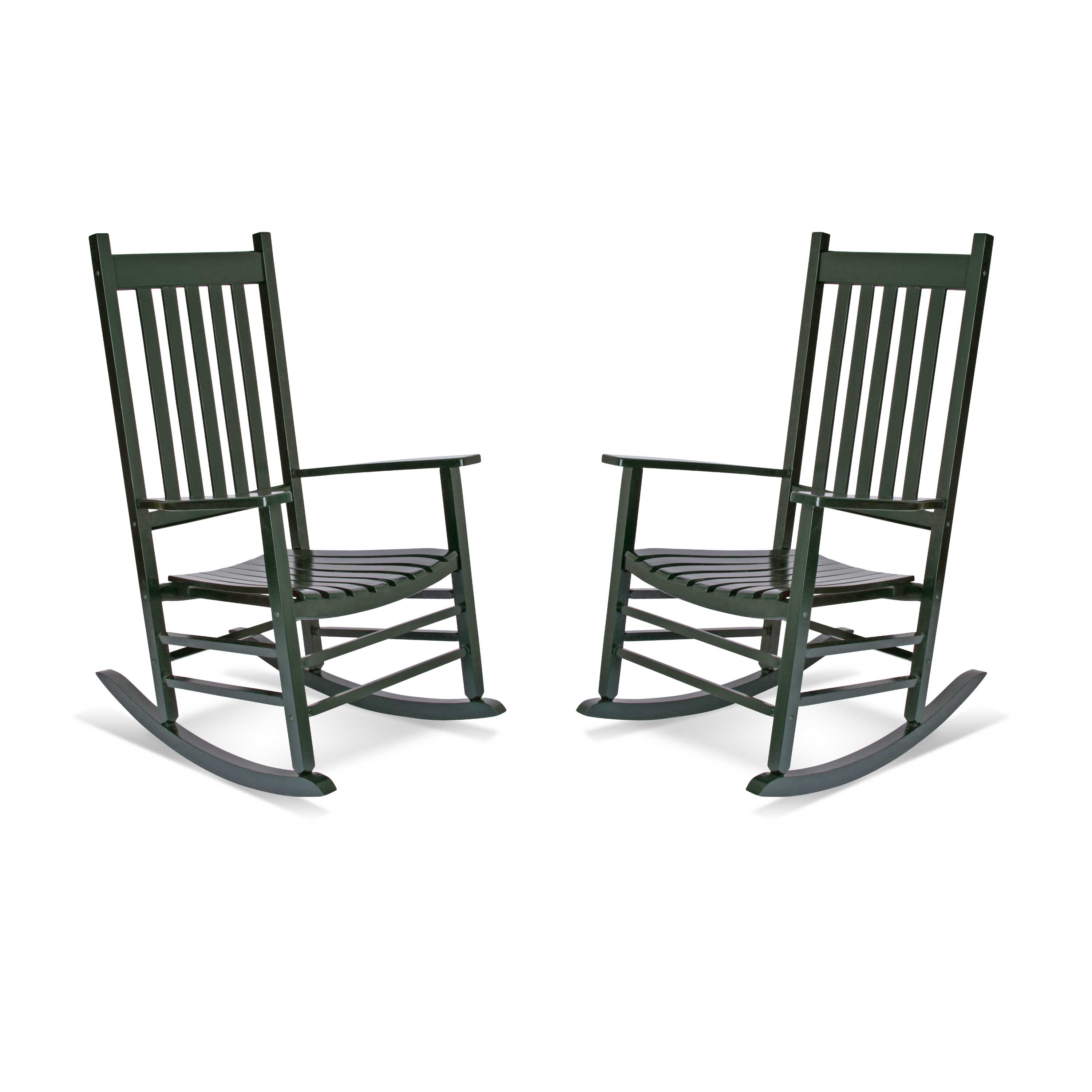 A pair of dark green outdoor rocking chairs with slatted backs and seats, shown on a plain white background.