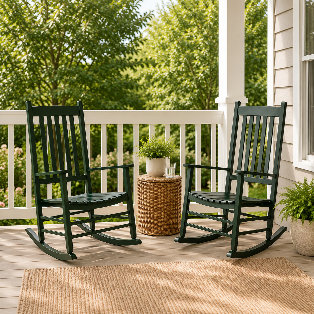 Two dark green wooden rocking chairs on a porch with a small woven side table between them, set against a backdrop of green trees and a white railing.