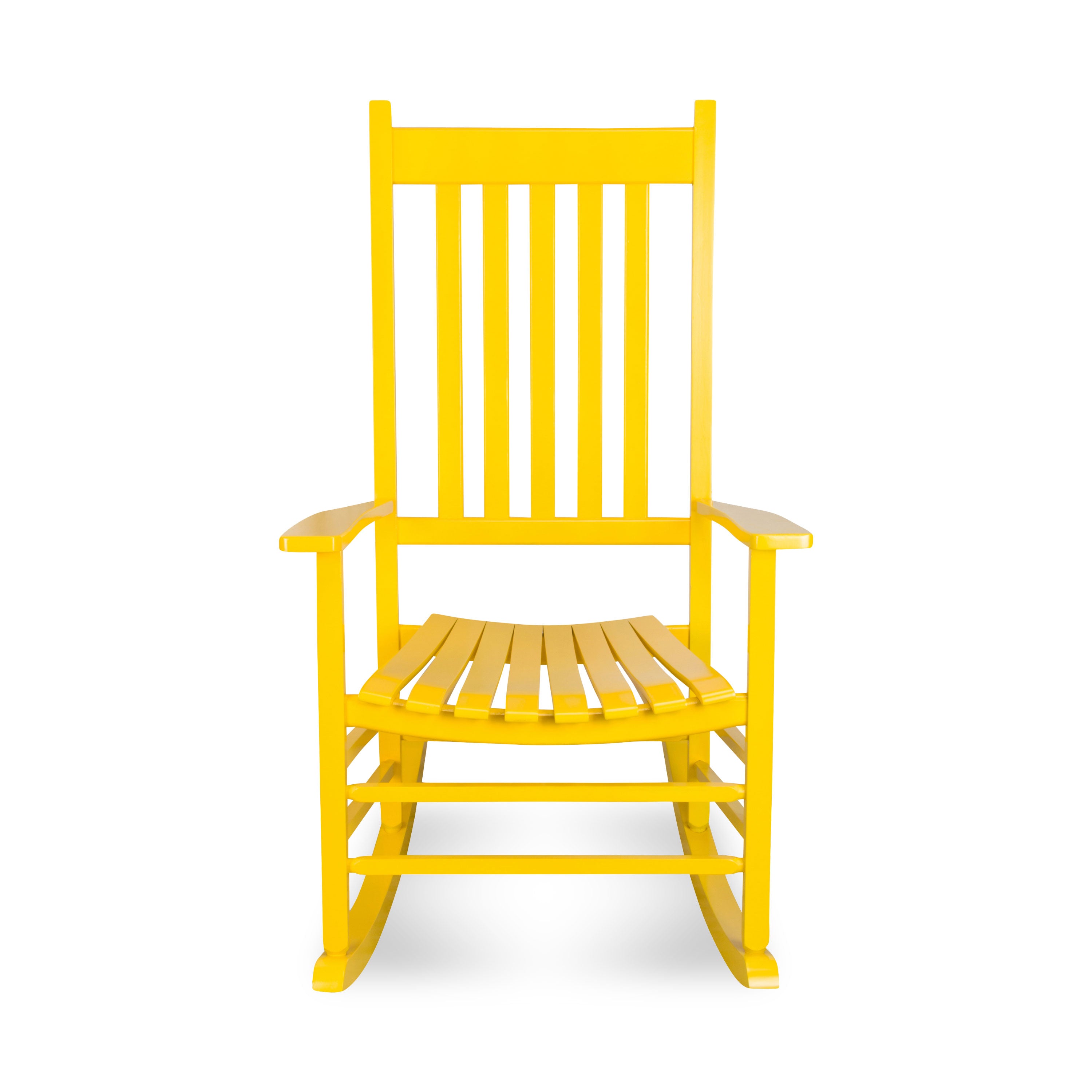 A bright yellow outdoor rocking chair with a tall slatted backrest, wide armrests, and a slatted seat, shown against a plain white background.