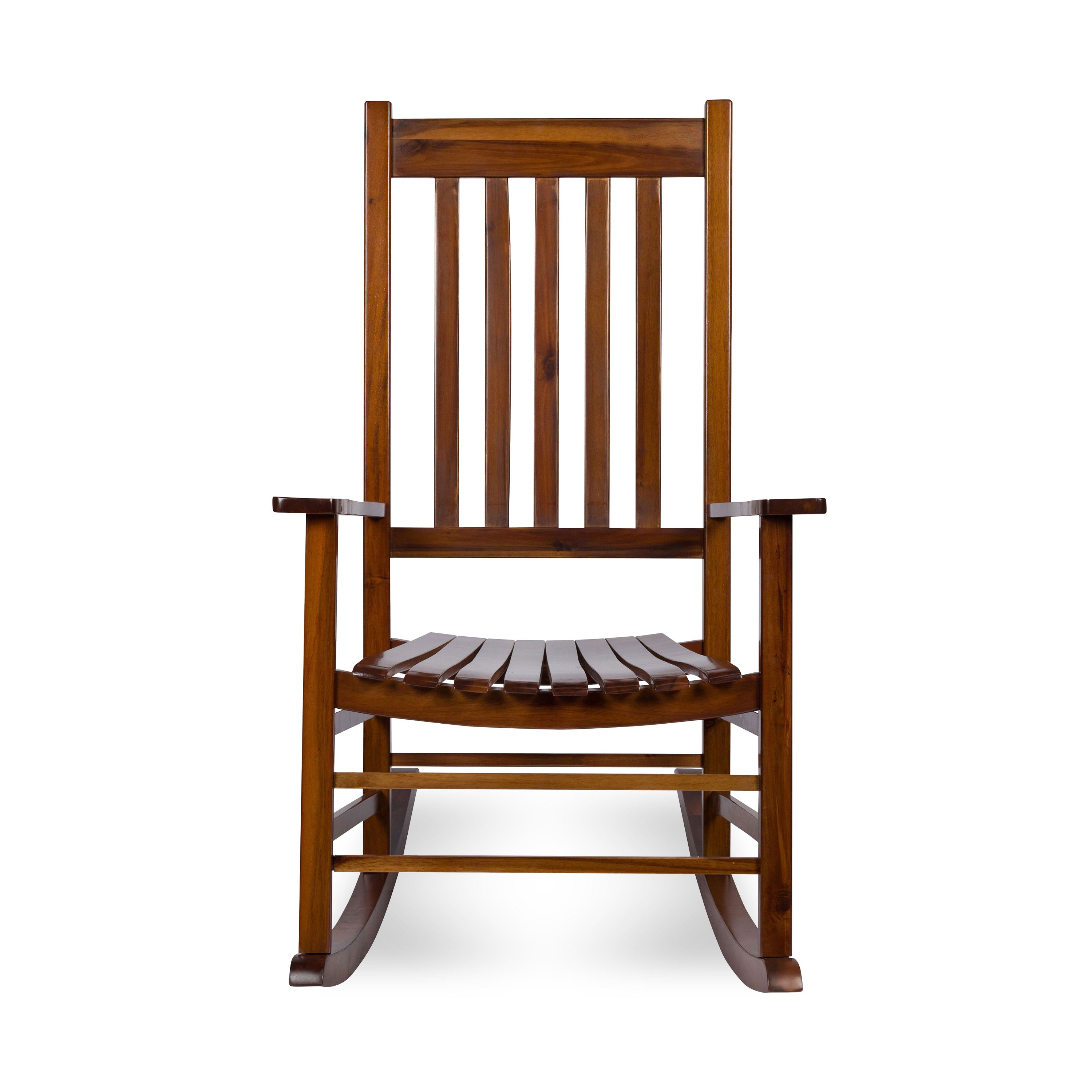 A classic wooden rocking chair with a slatted backrest and seat, shown from the front against a plain white background.