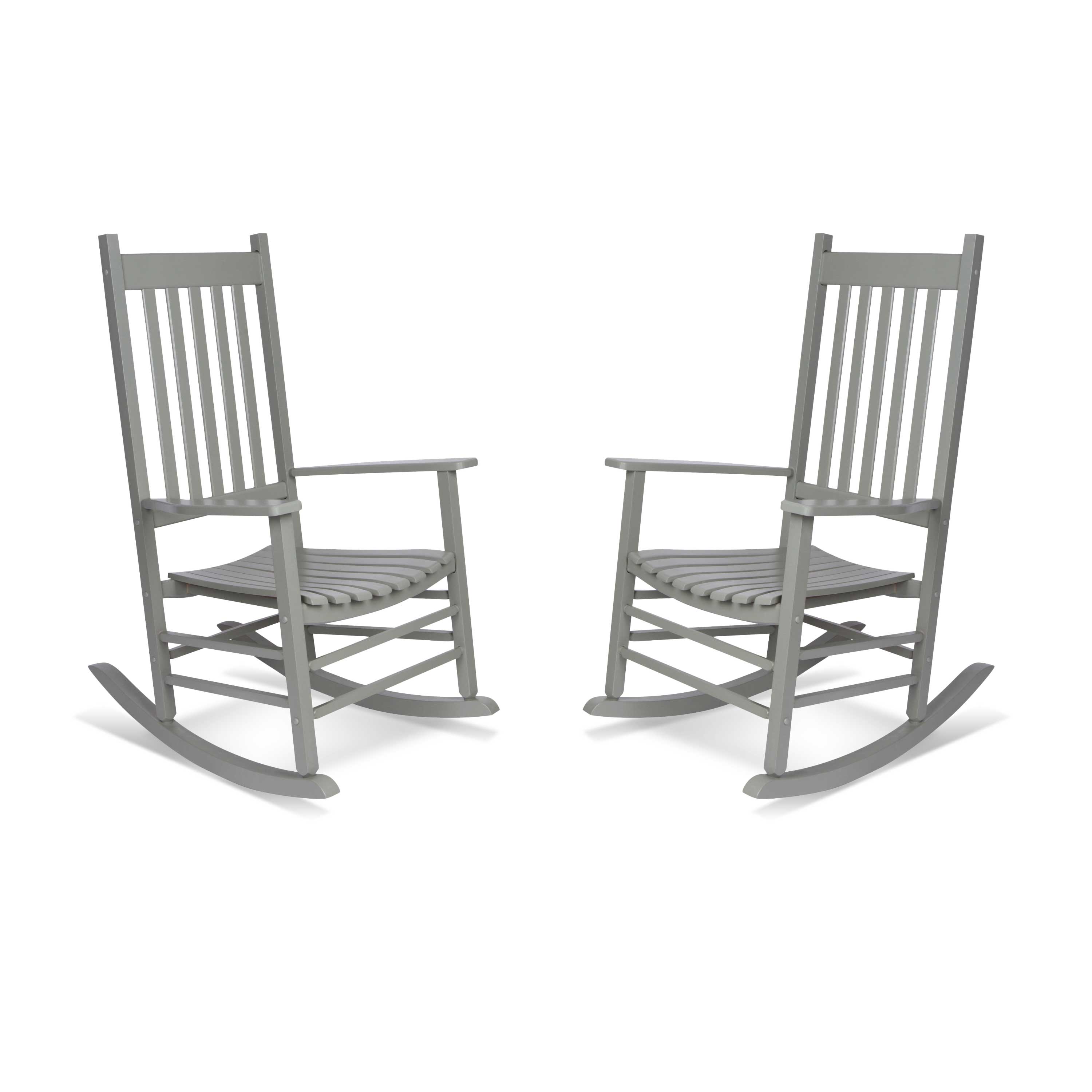 Two gray wooden rocking chairs shown side by side on a plain white background.