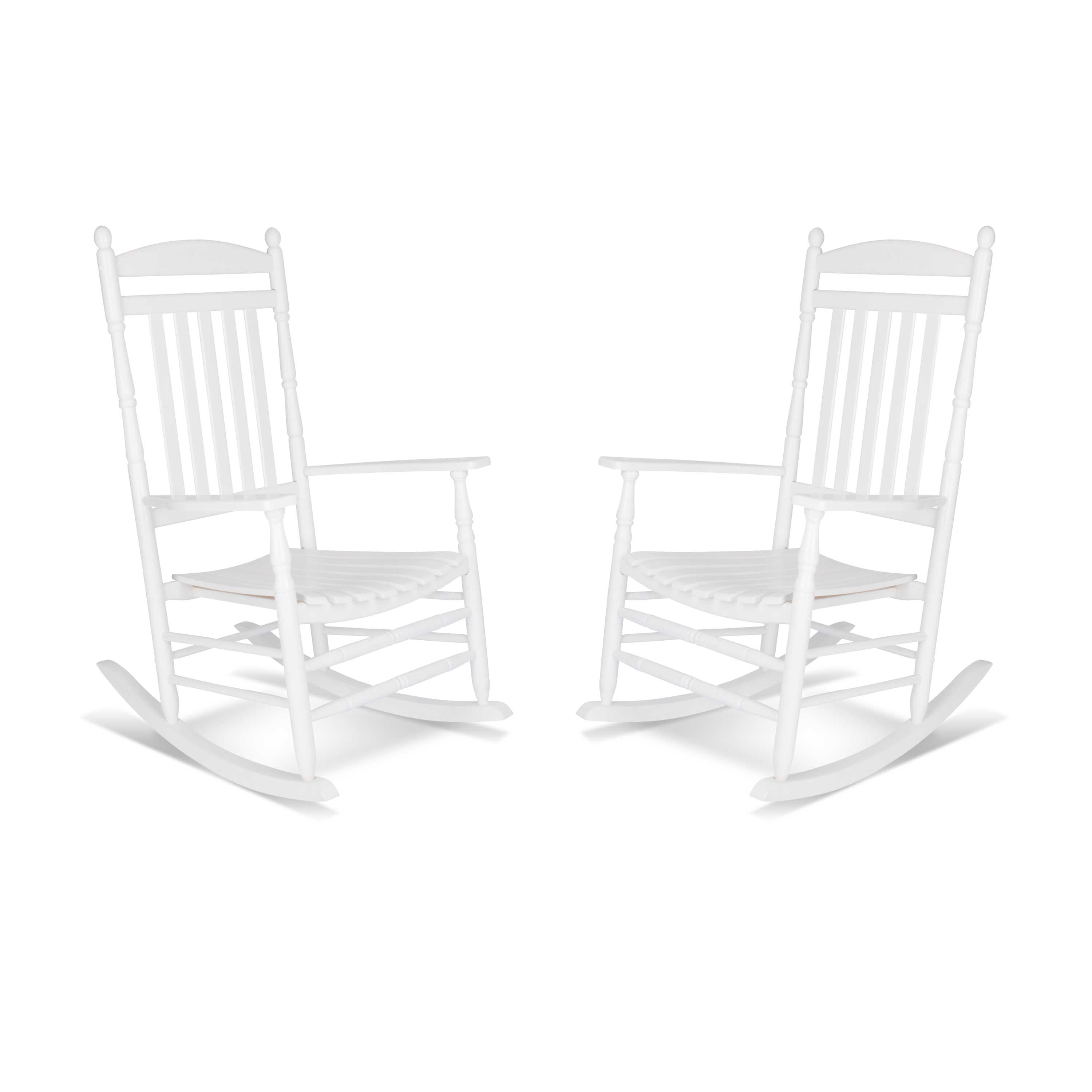 Two white wooden rocking chairs with cushioned seats, shown side by side on a plain white background.