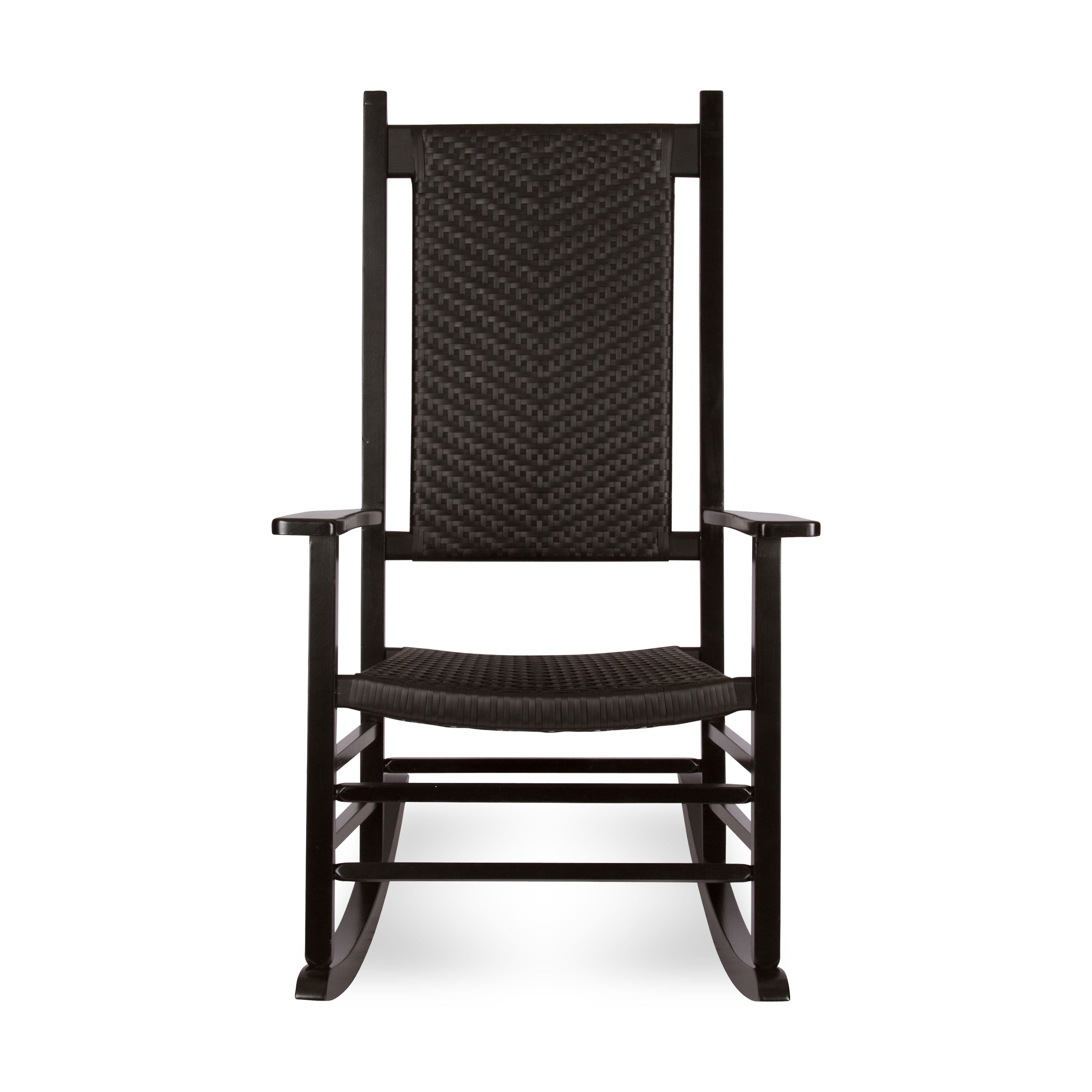 A black rocking chair with a woven wicker-style backrest and seat, shown from the front against a plain white background.