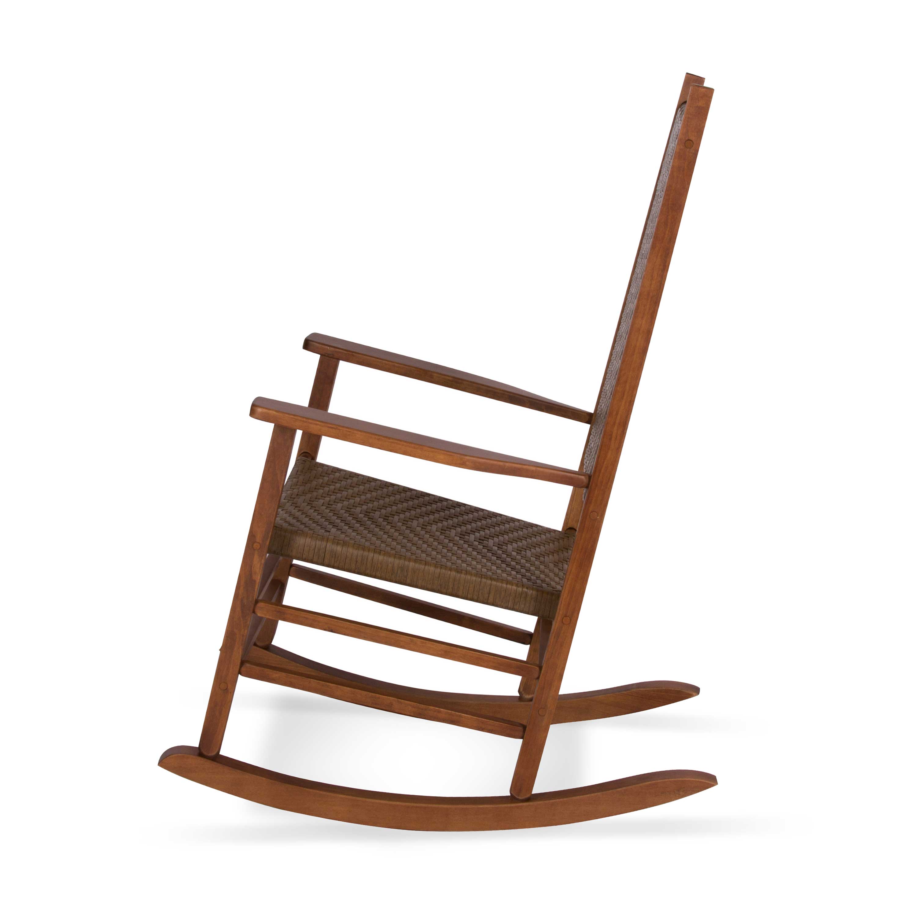 A classic wooden rocking chair with a warm brown finish and a woven brown and beige seat, shown from a three-quarters angle on a white background.