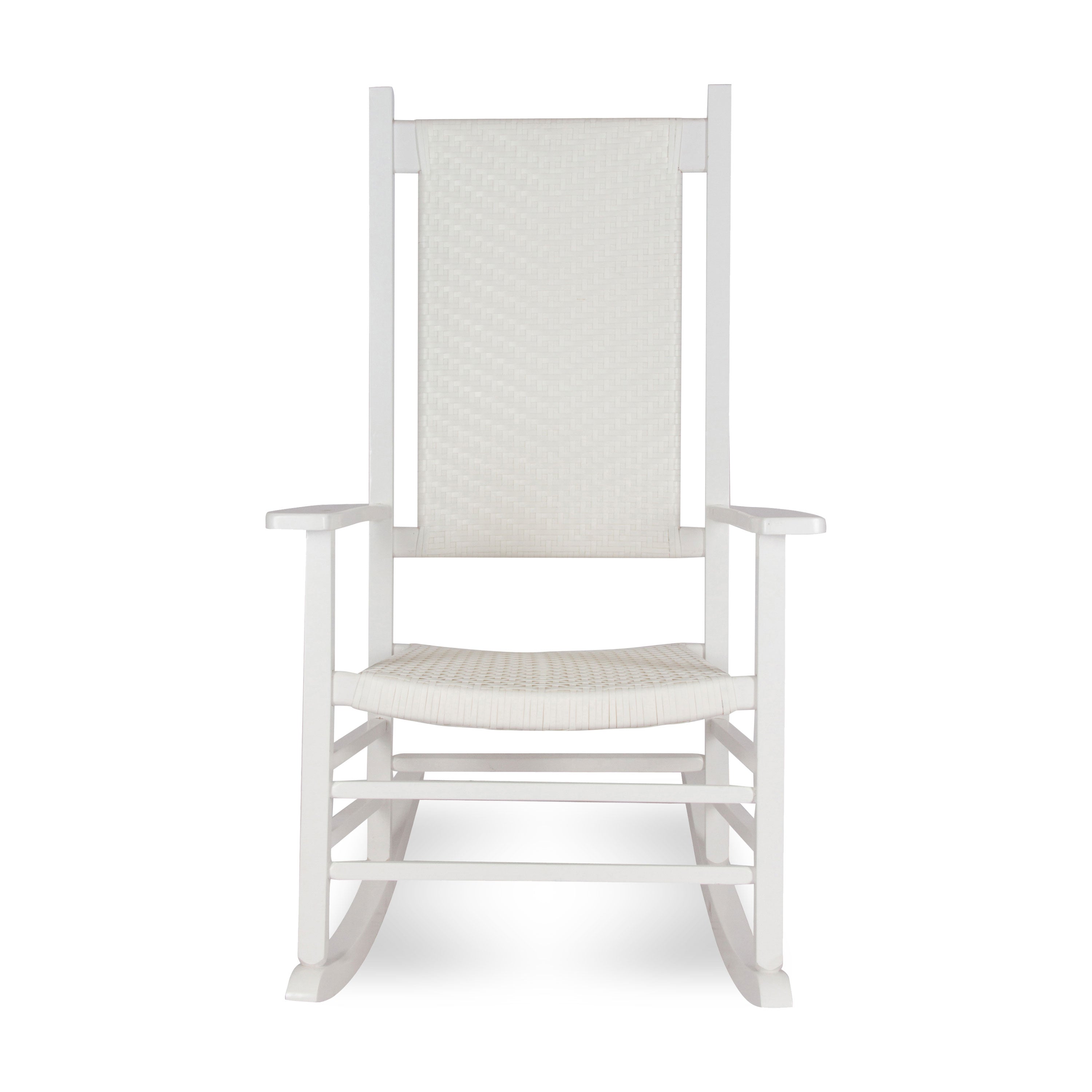 A white rocking chair with a high back, featuring a woven sling-style backrest and seat, shown against a plain white background.