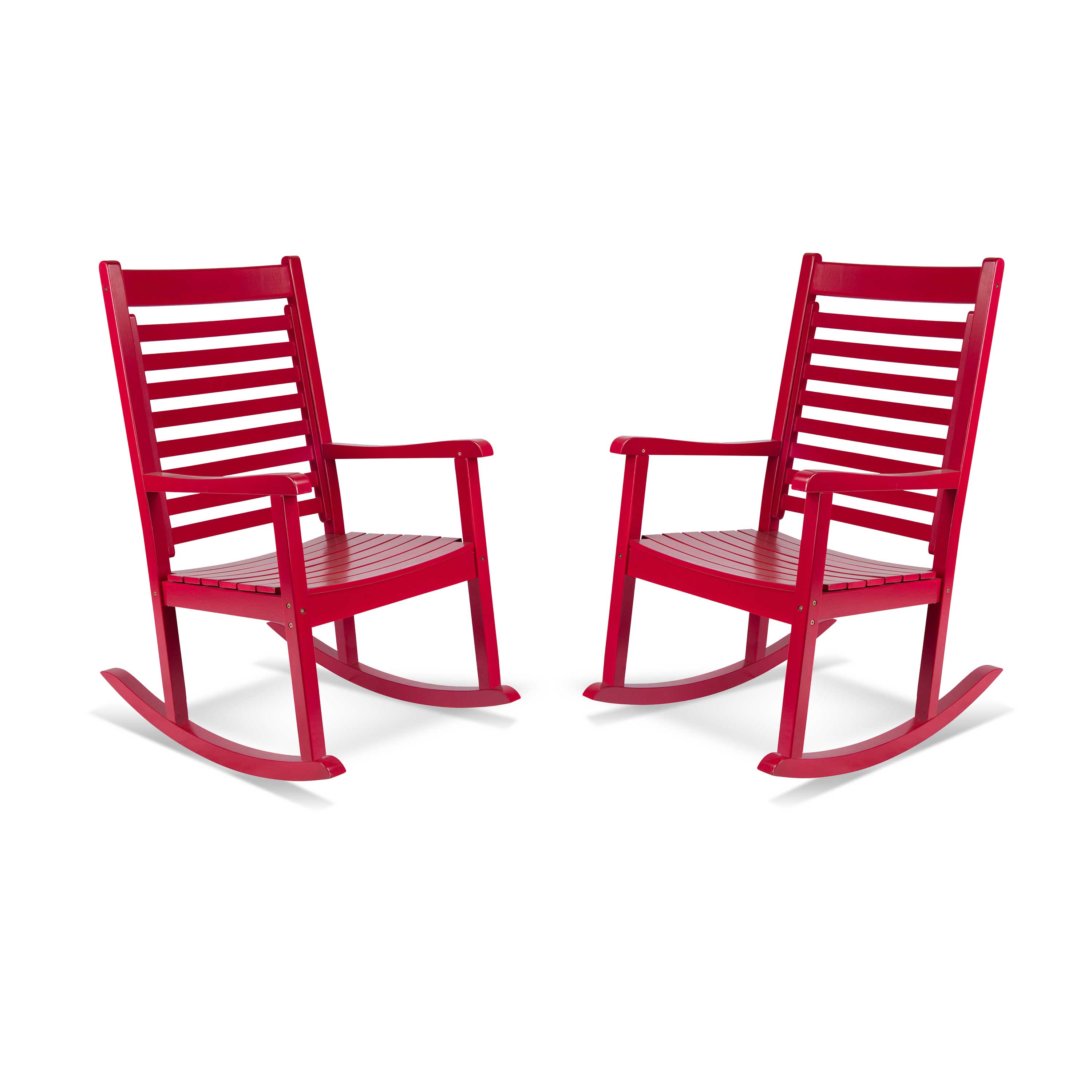 Two bright red outdoor rocking chairs with slatted backs and seats, shown side by side on a clean white background.
