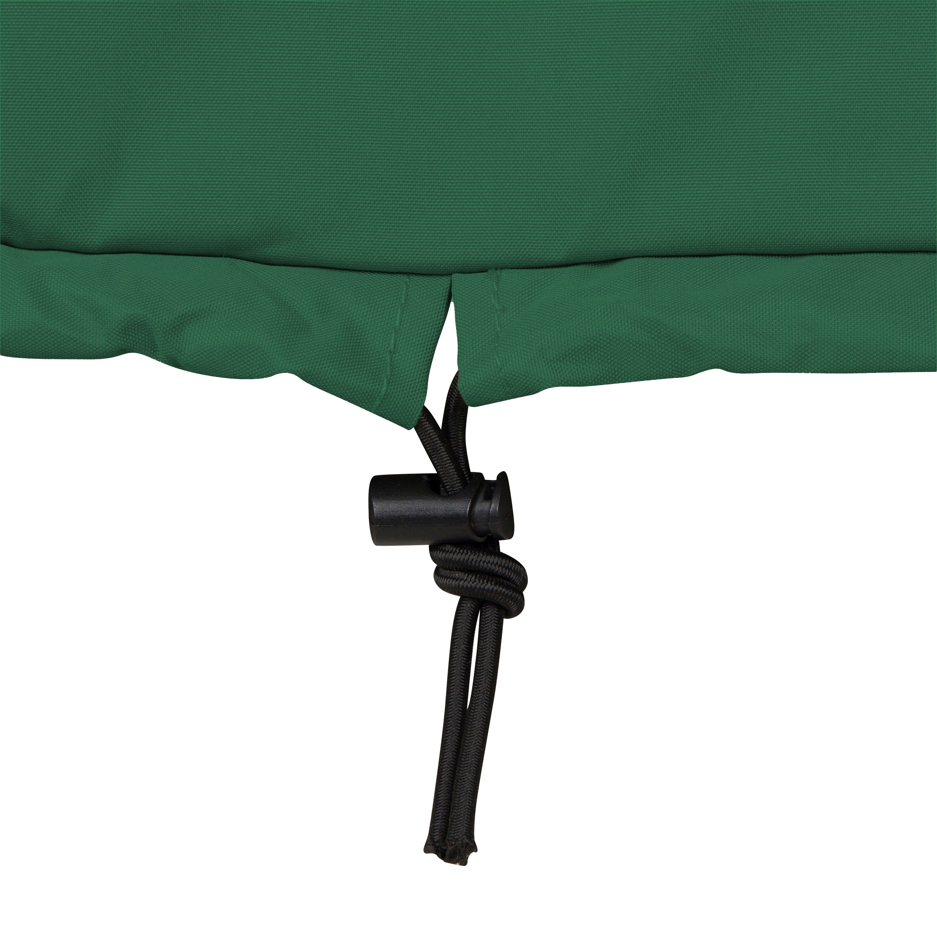 Close-up of a green rocker cover fabric with a black drawcord and toggle closure, shown against a plain white background.