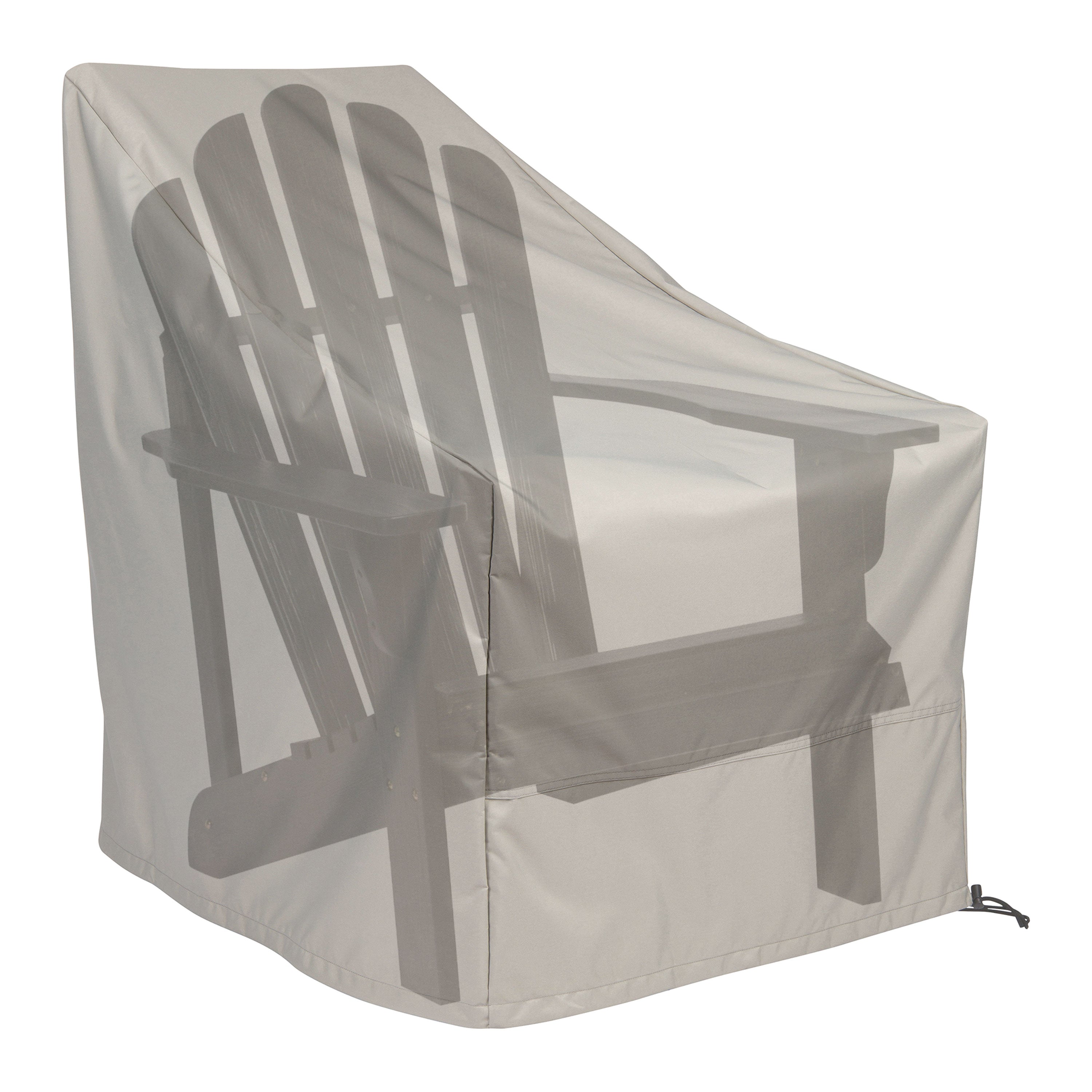 A semi-transparent light gray outdoor patio cover shown fitted over a dark gray Adirondack chair, on a plain white background.