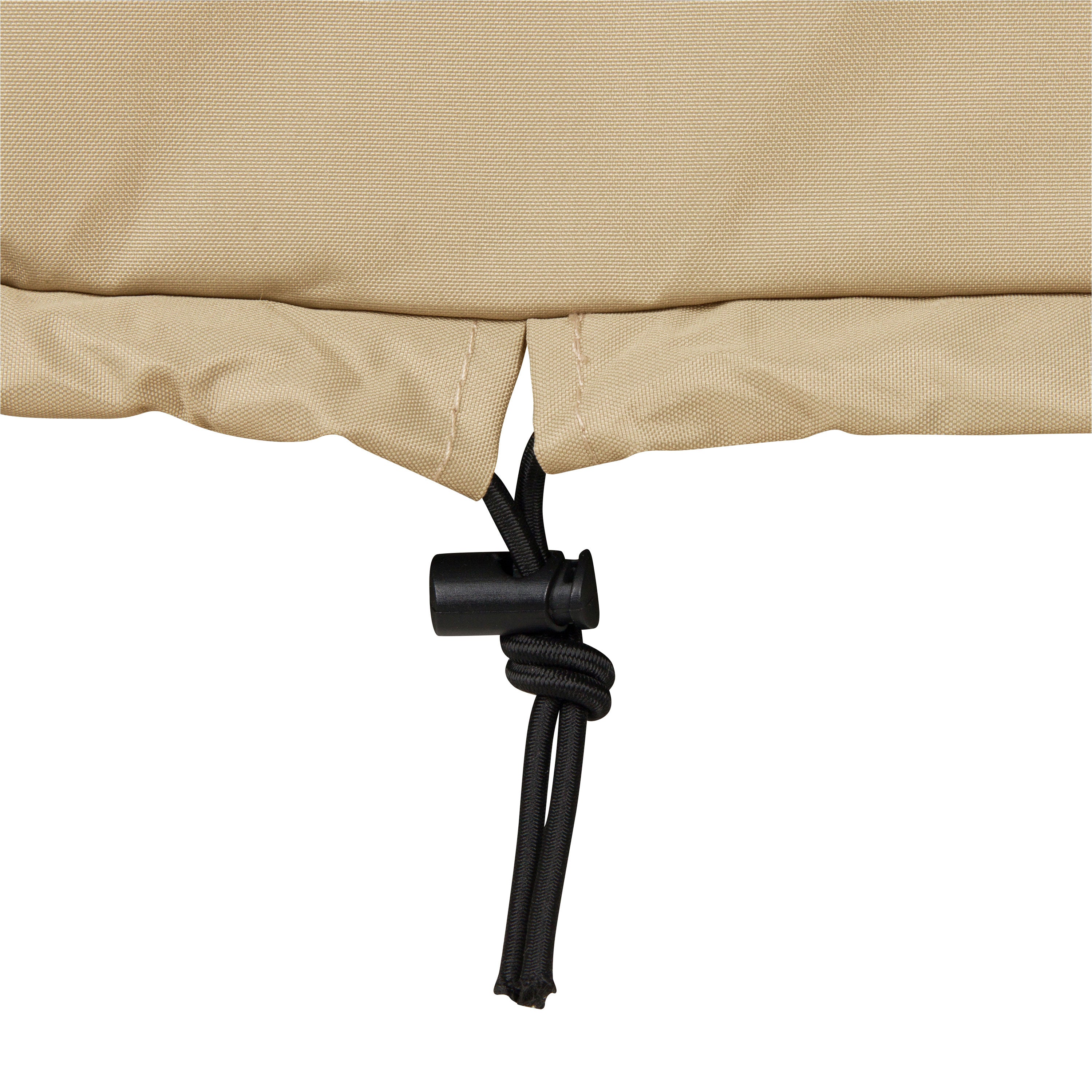 Close-up of khaki fabric with a black cord and knot on a white background