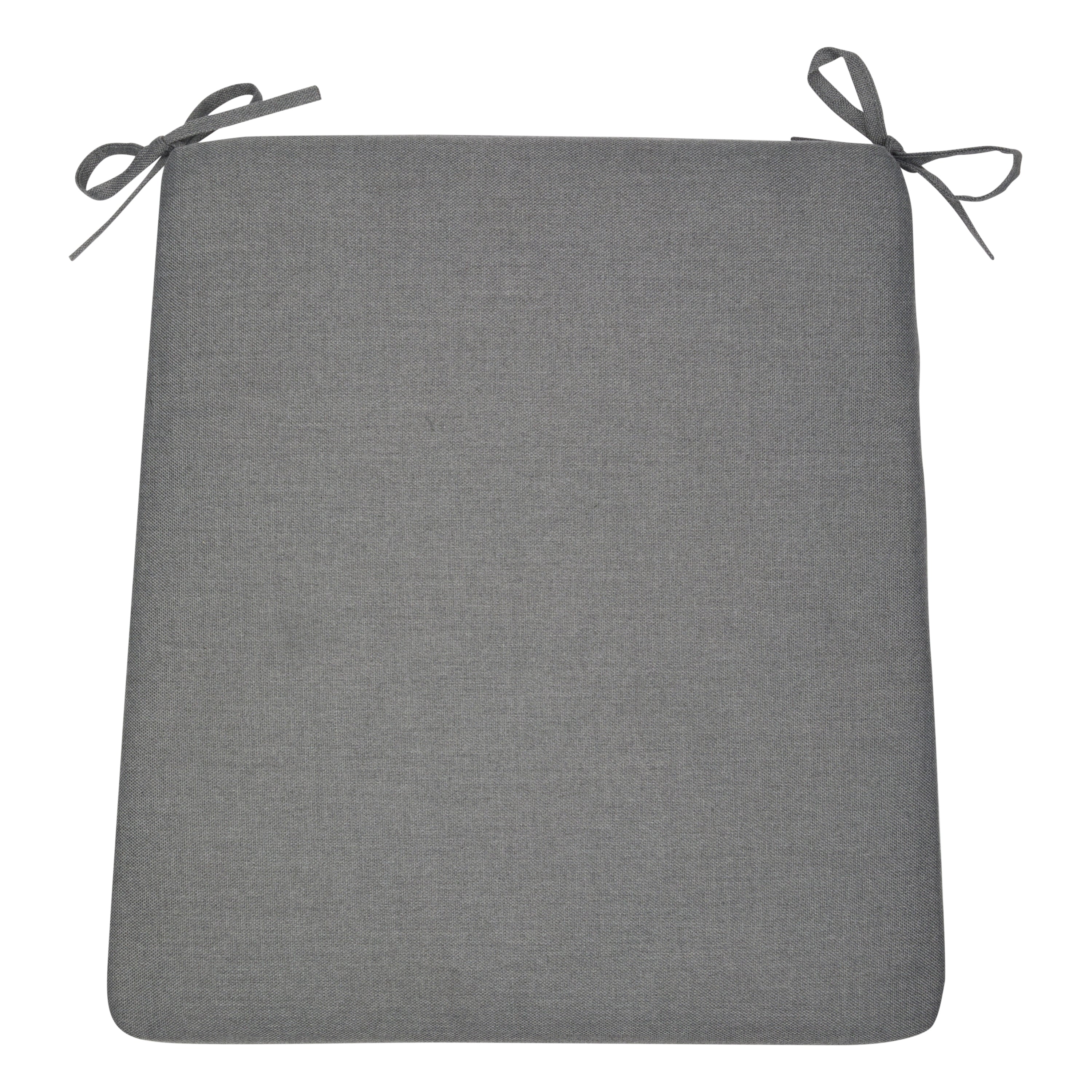 A square gray upholstered seat cushion with two matching gray tie straps at the top corners, shown on a plain white background.