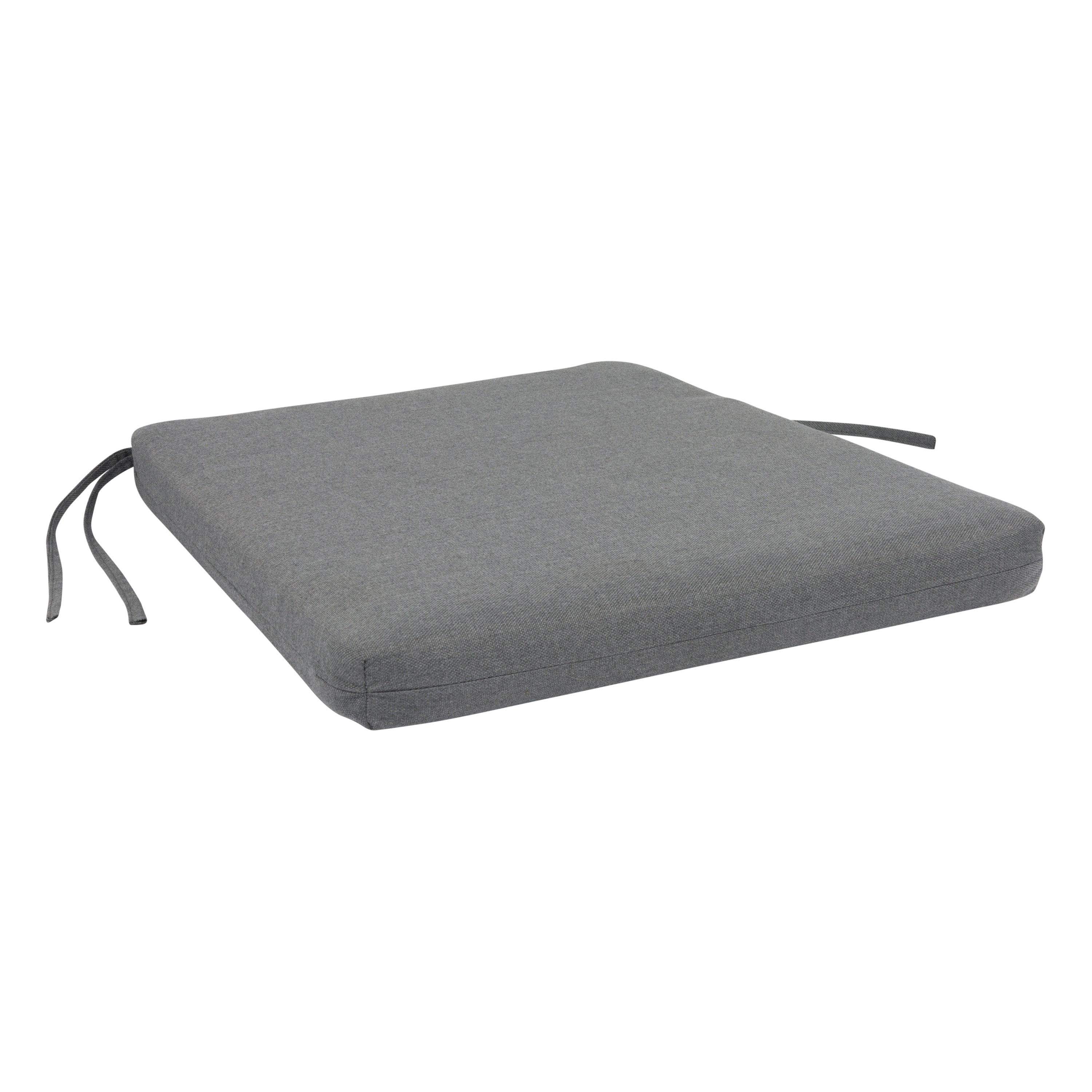 A square gray outdoor seat cushion with black tie straps on the sides, shown on a plain white background.