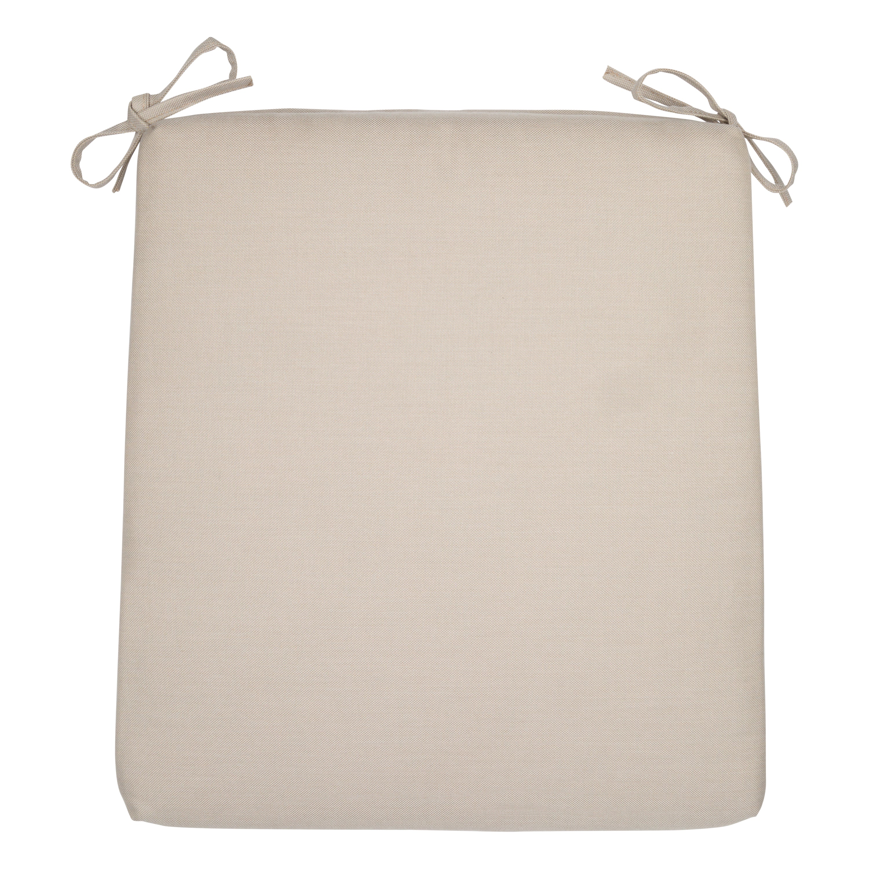 A square khaki outdoor chair cushion with tie-on corner straps, shown flat against a solid white background.