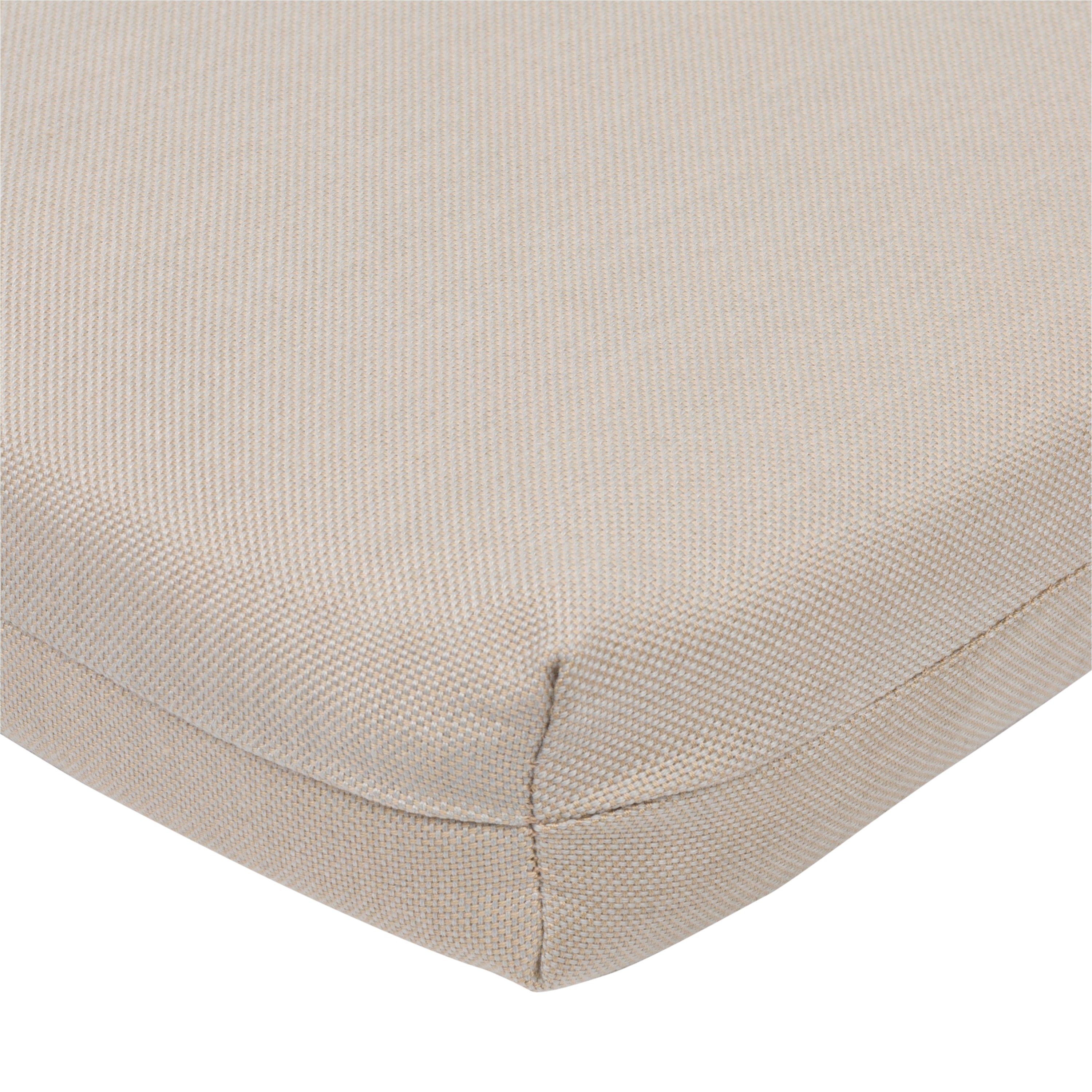 Close-up of a khaki woven fabric cushion corner with stitched edges on a white background.