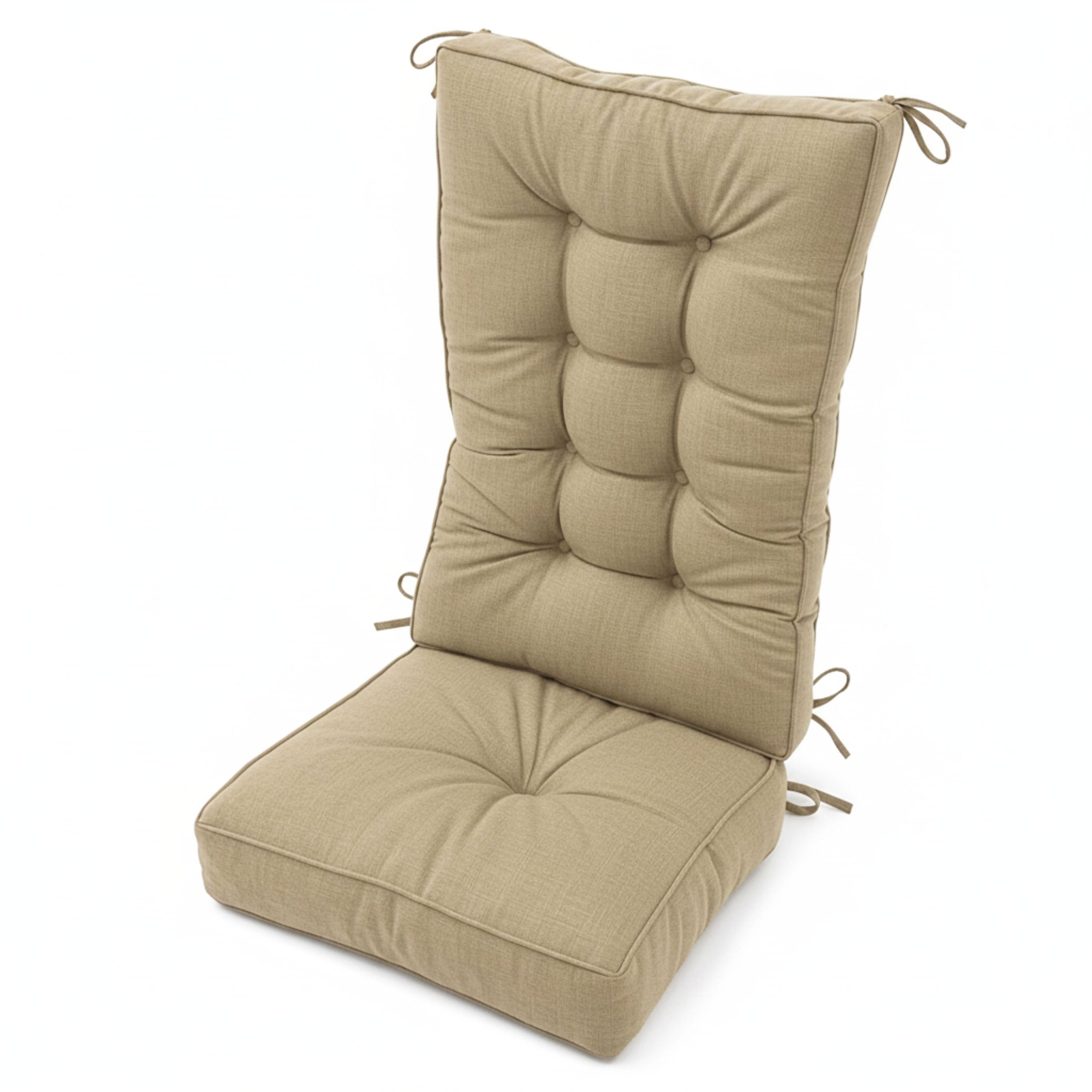 A beige tufted outdoor chair cushion set with a tall button-tufted backrest and a matching square seat cushion, shown on a white background.