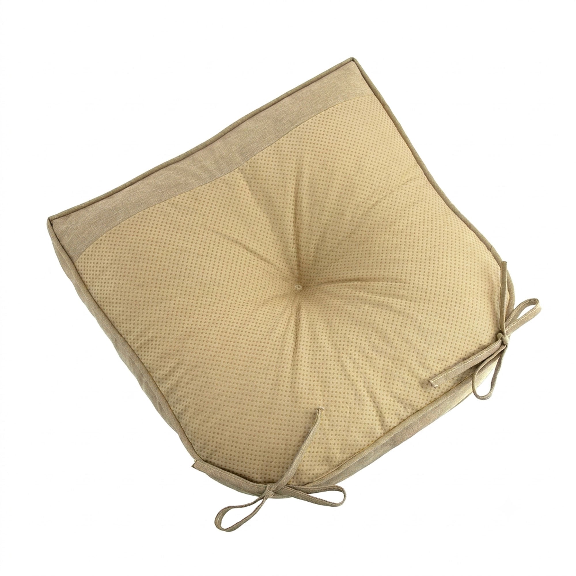A square beige outdoor patio cushion with a textured waffle-weave center and a solid woven trim, featuring tie-on corner straps, shown on a plain white background.