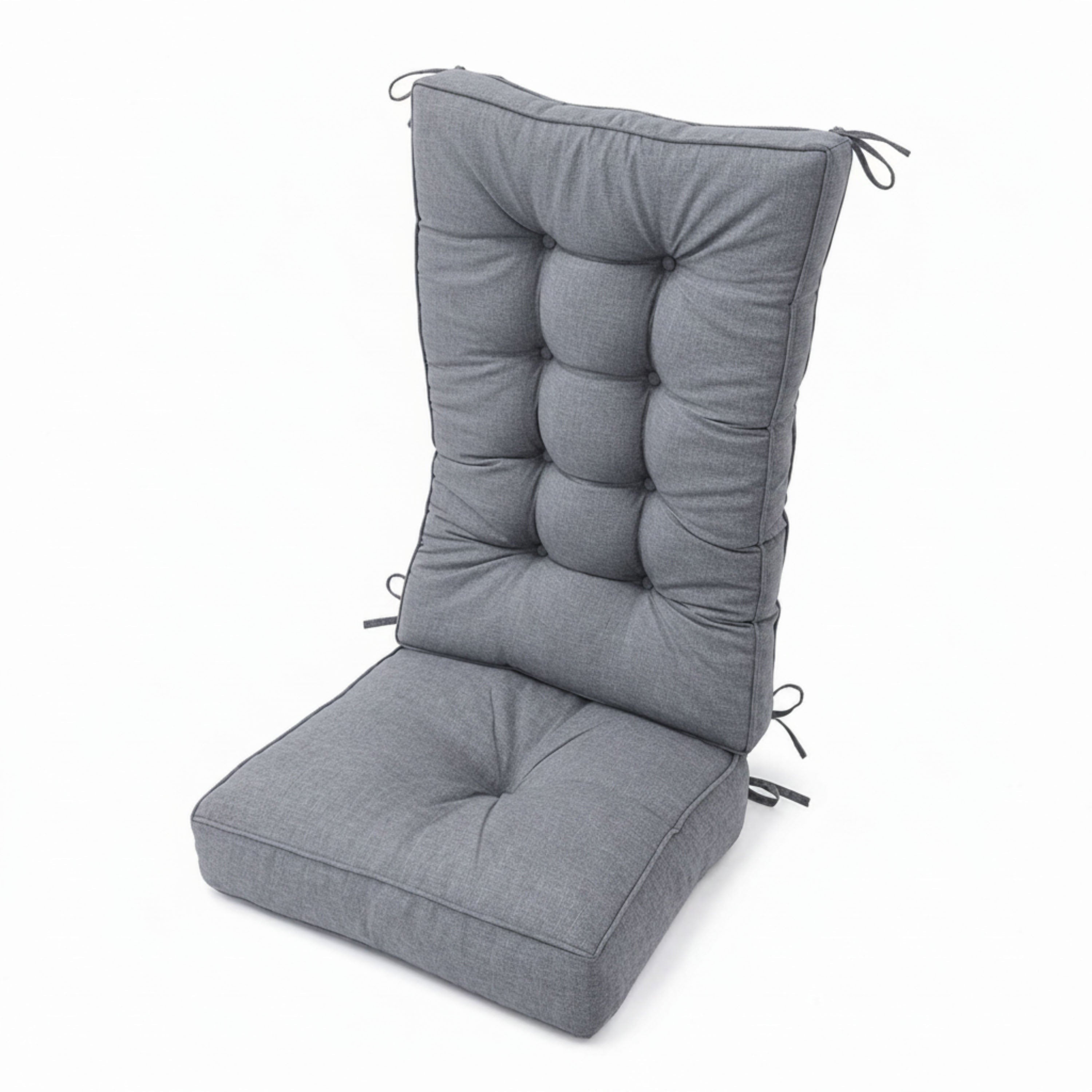 A gray tufted outdoor chair cushion set with a tall backrest and a matching seat cushion, shown on a plain white background.