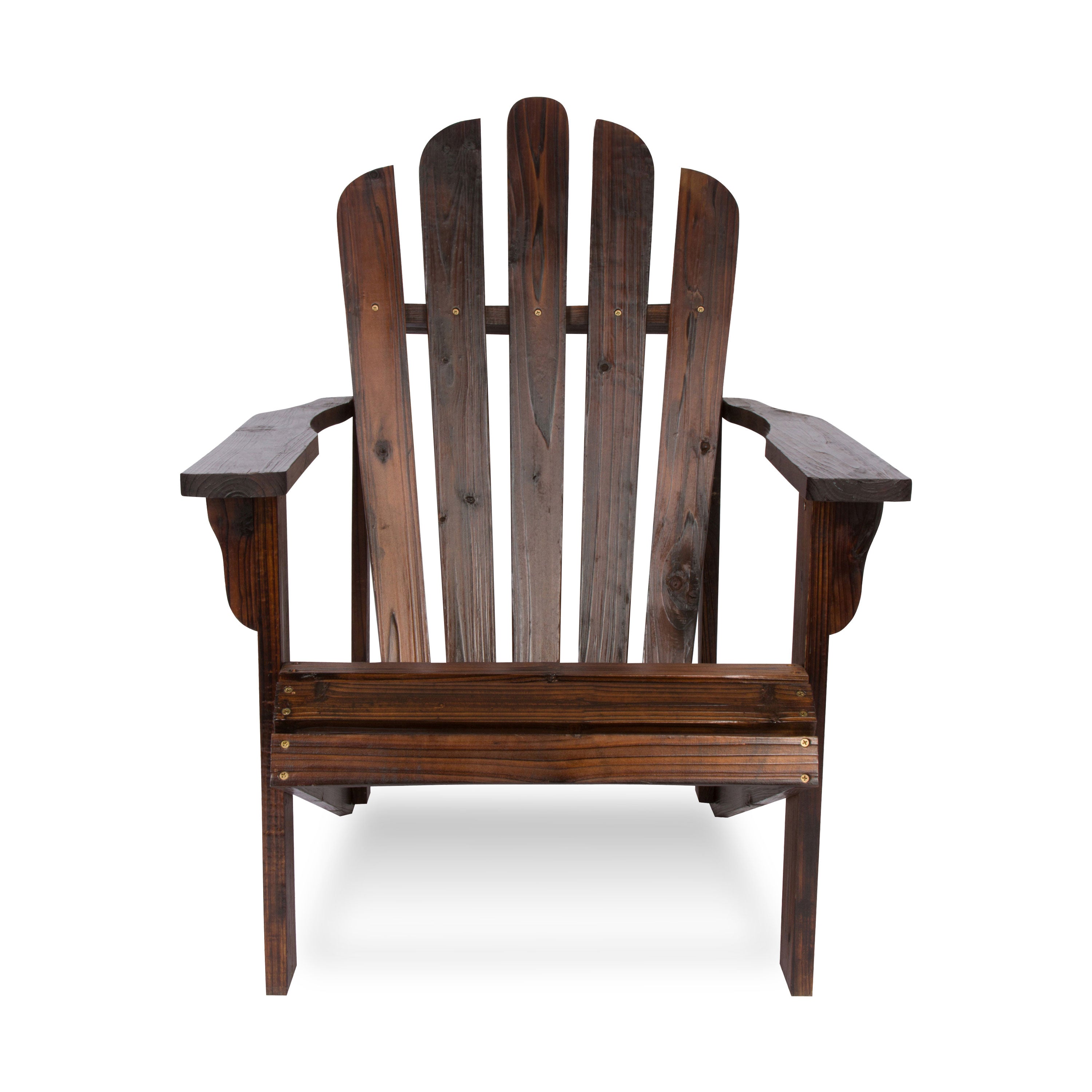 A dark brown wooden Adirondack chair with a high slatted back and wide armrests, photographed from the front against a plain white background.