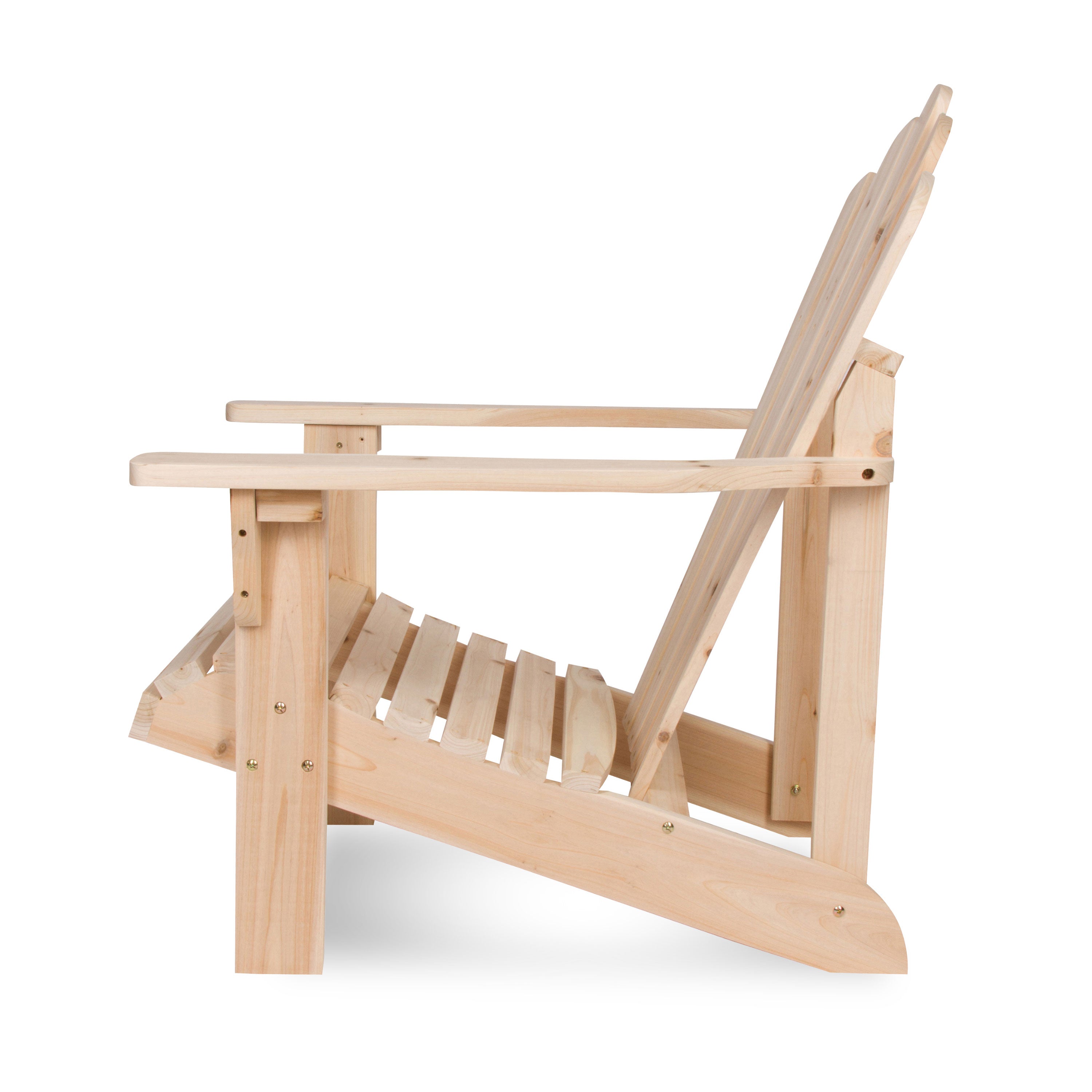 A light natural wood Adirondack chair shown from a side profile view against a solid white background.