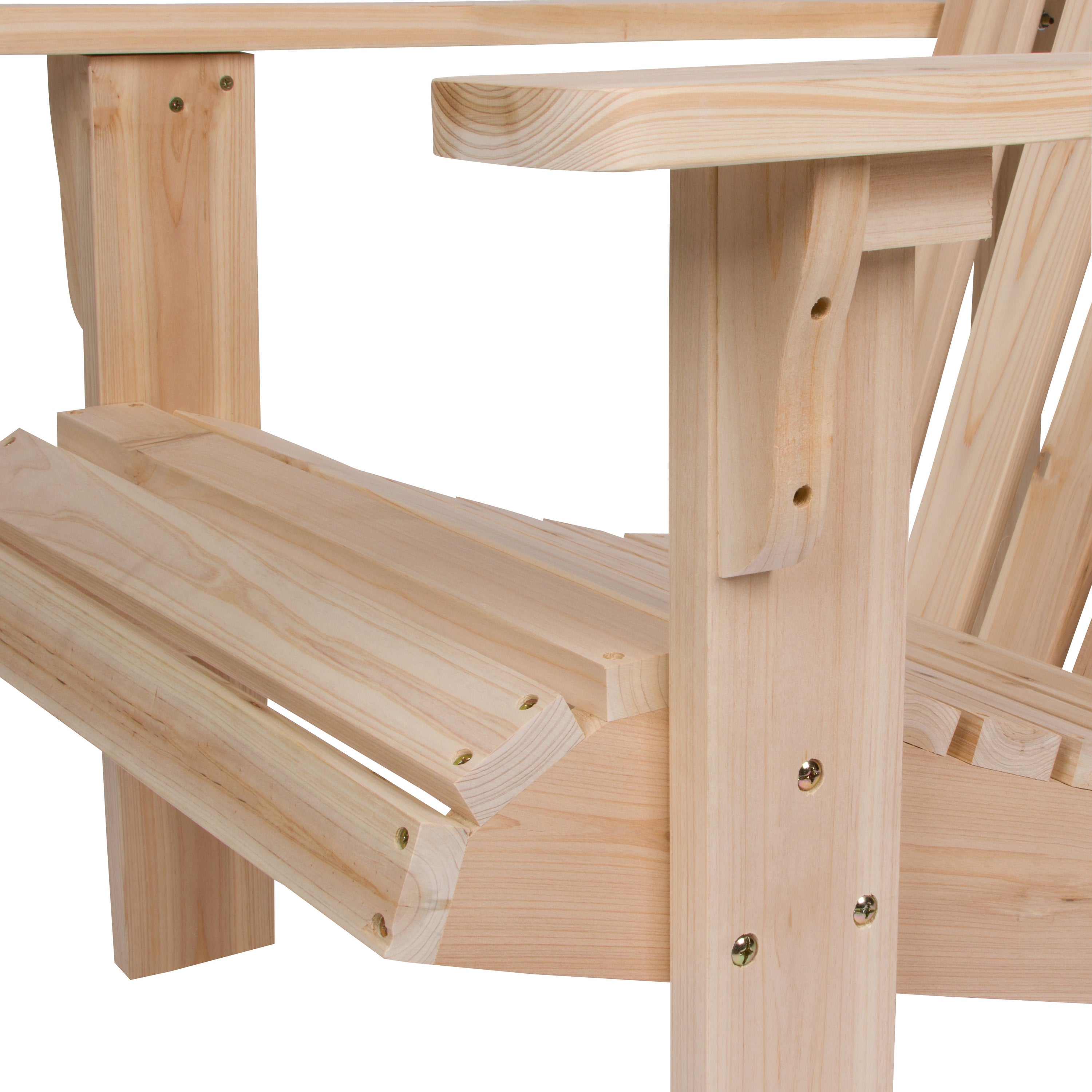 Close-up of a light natural wood Adirondack chair showing the slatted seat, armrest, and leg construction on a white background.