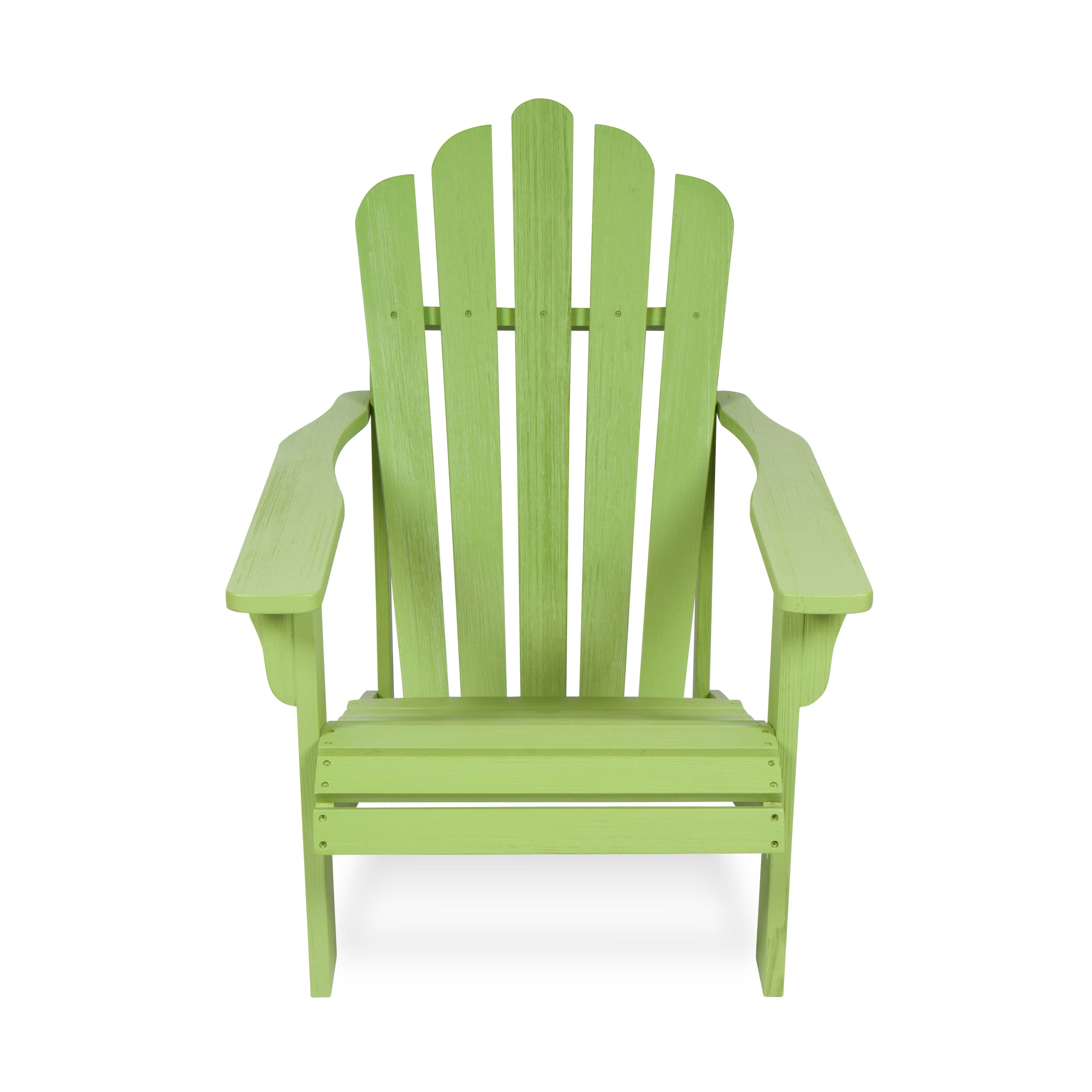 A lime green Adirondack-style outdoor chair with a tall slatted back and wide armrests, shown from the front on a clean white background.