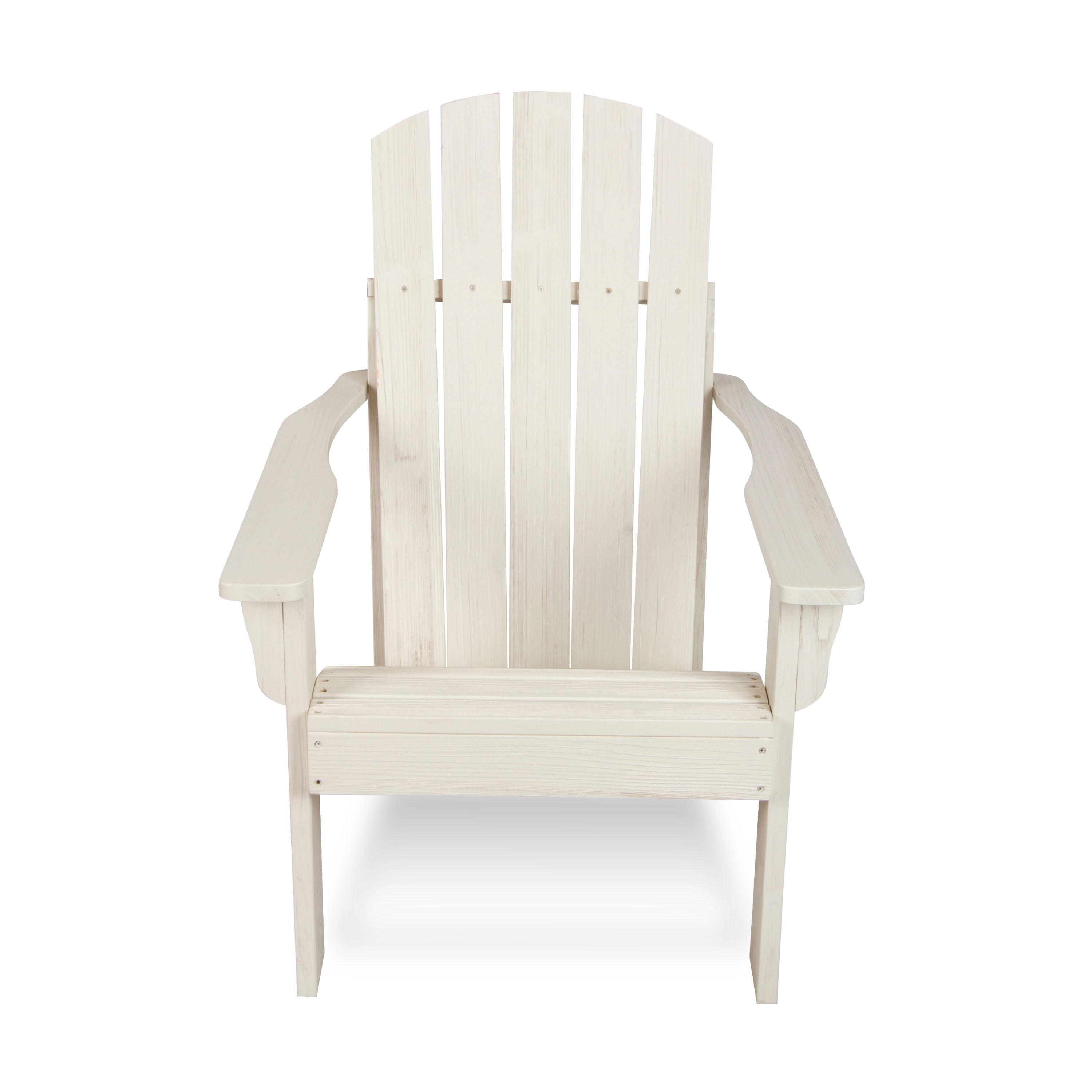 A white Adirondack-style outdoor armchair with a slatted back and wide armrests, shown from the front on a plain white background.
