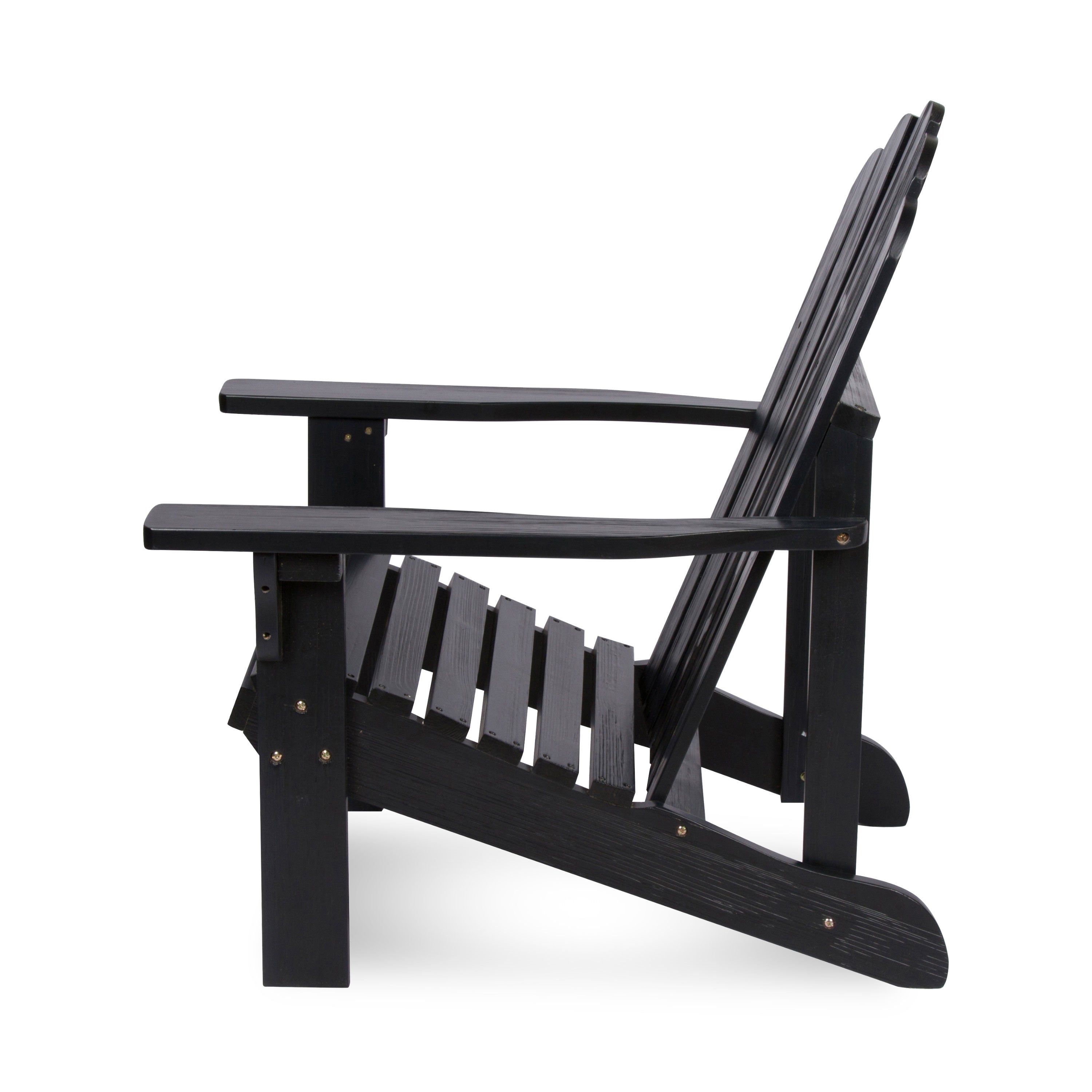 A black wooden Adirondack chair shown from a side profile view against a solid white background.