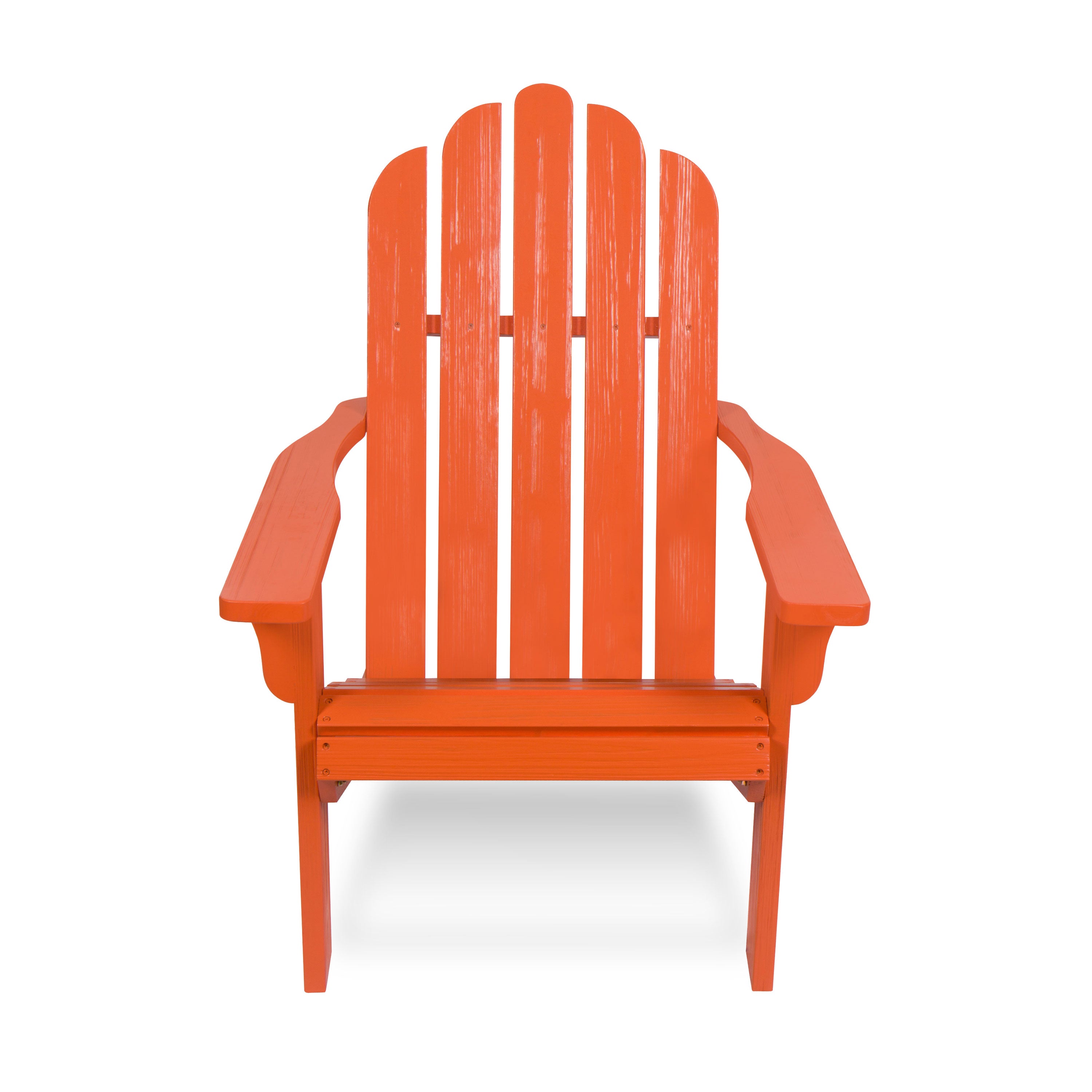 An orange-red Adirondack chair with a high slatted back and wide armrests, shown from the front on a plain white background.