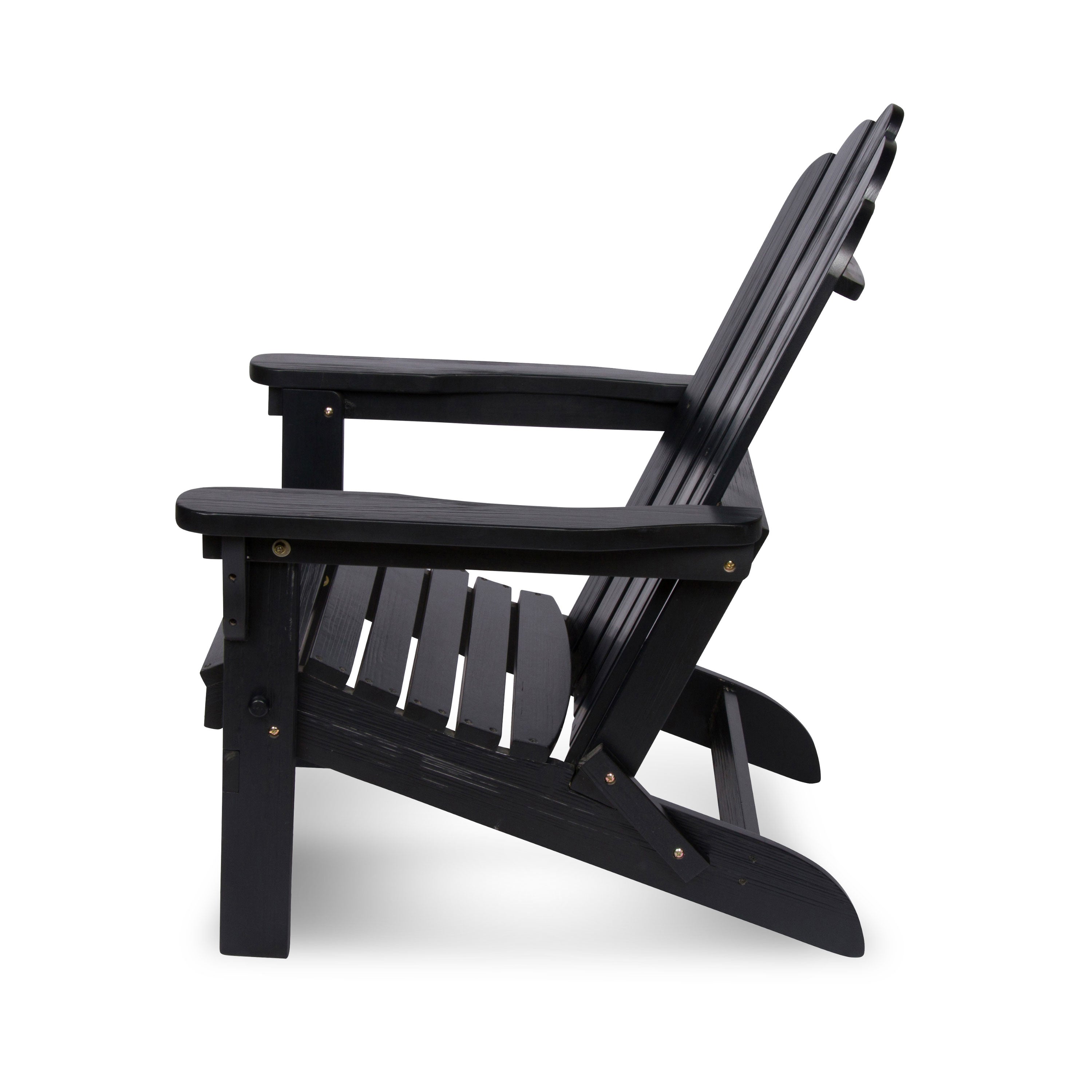 A black outdoor Adirondack chair shown from a side profile view against a solid white background.