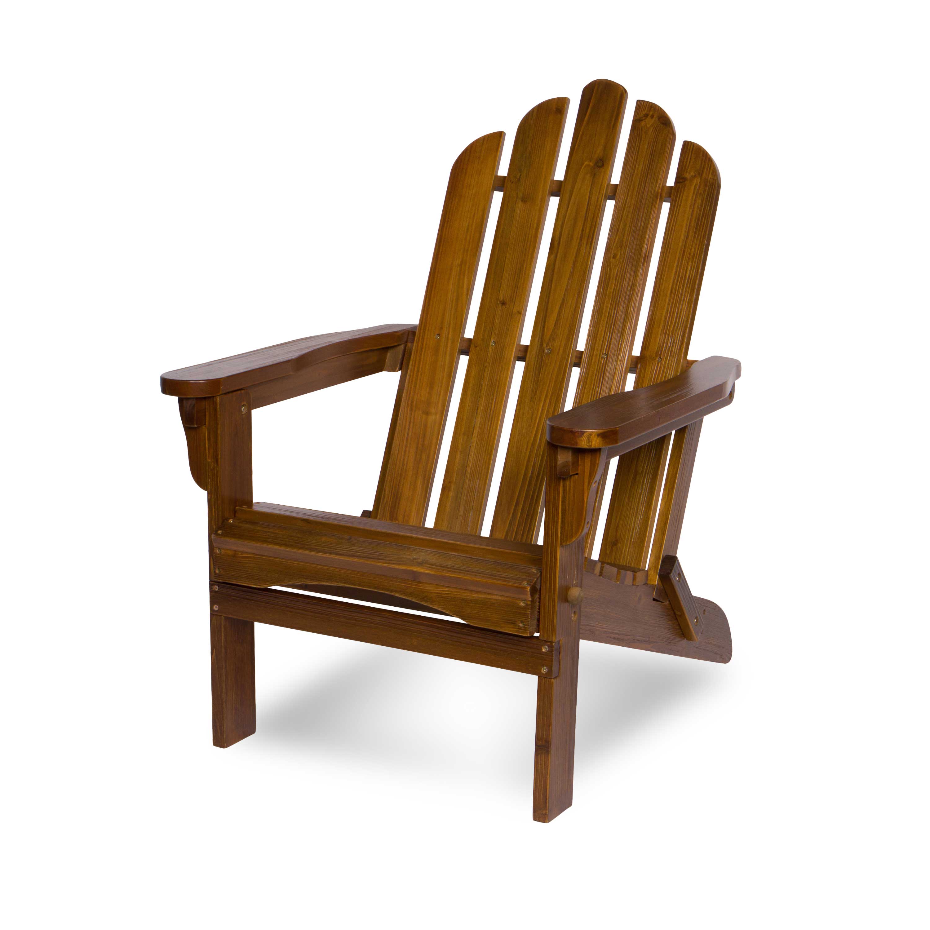 A classic wooden Adirondack chair with a warm brown finish, shown from a three-quarter angle against a plain white background.