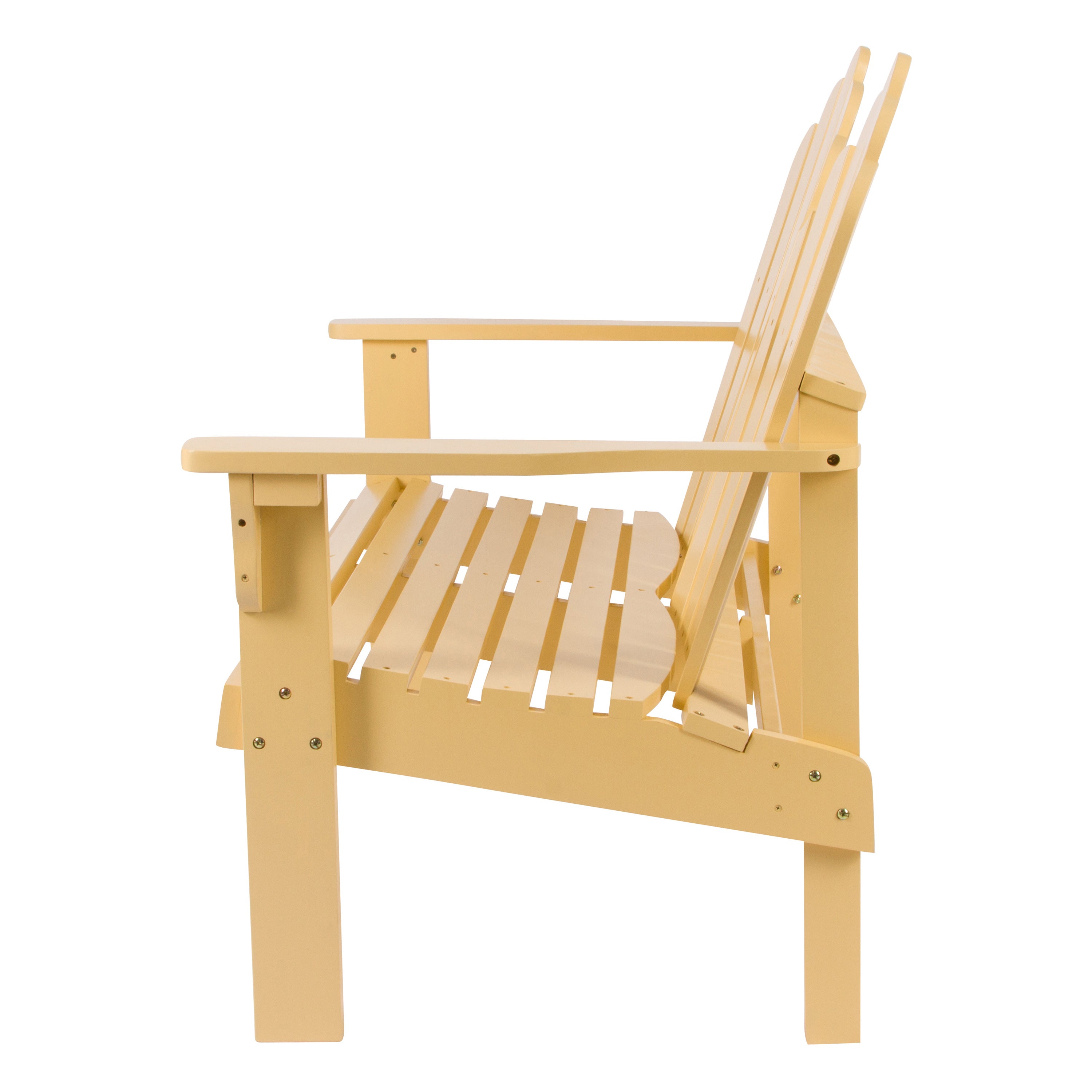 A light pastel yellow wood Adirondack-style outdoor chair shown from a three-quarters angle against a plain white background.