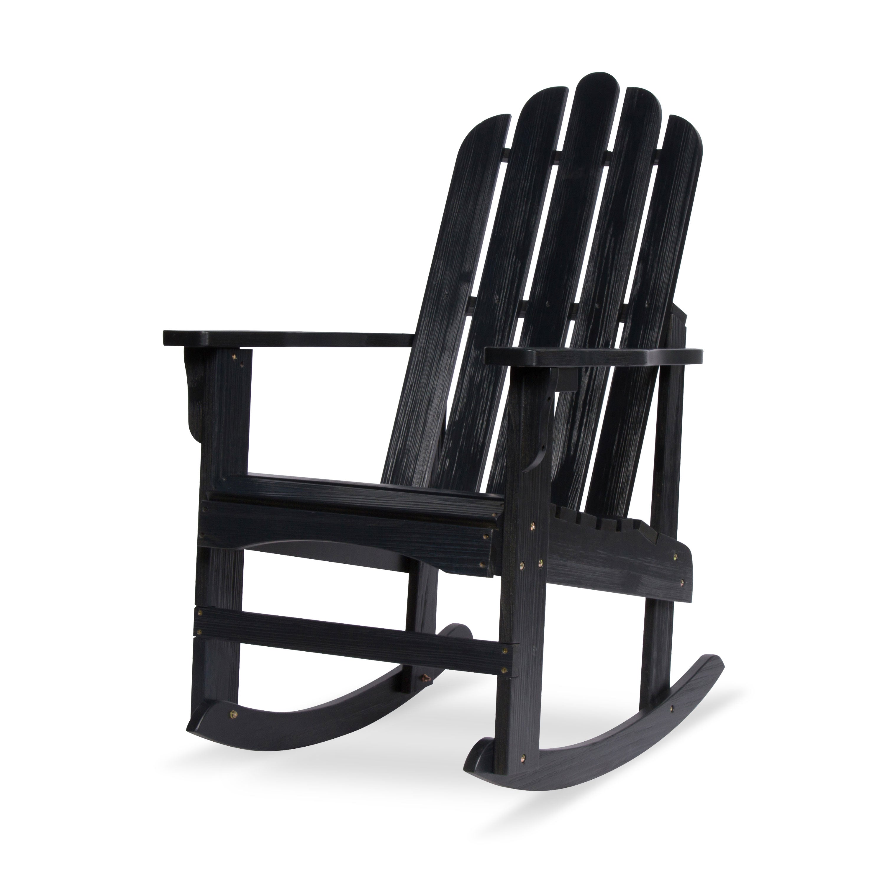 A black outdoor Adirondack-style rocking chair shown from a three-quarter angle on a clean white background.