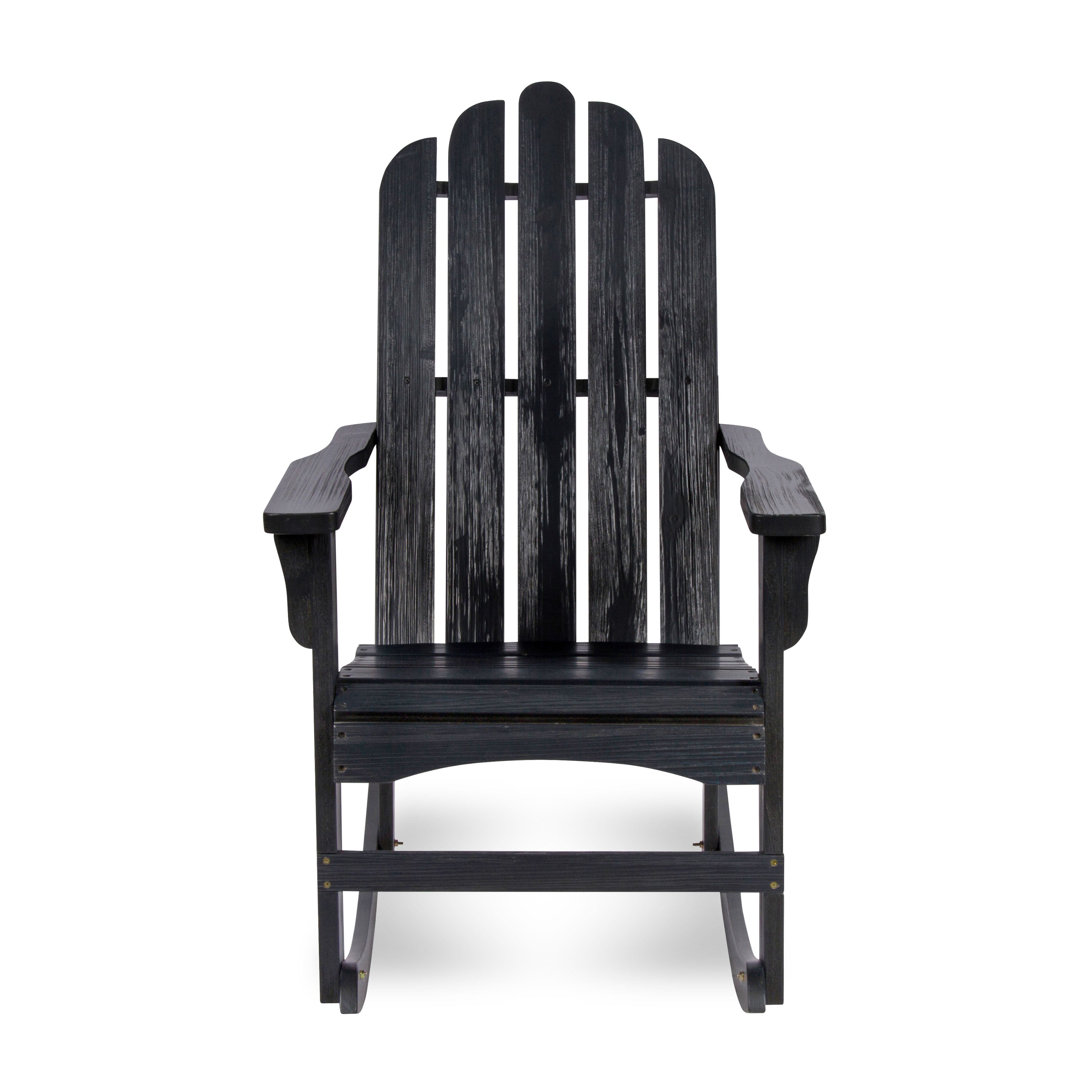 A black Adirondack-style rocking chair with a distressed wood-look finish, shown from the front against a plain white background.