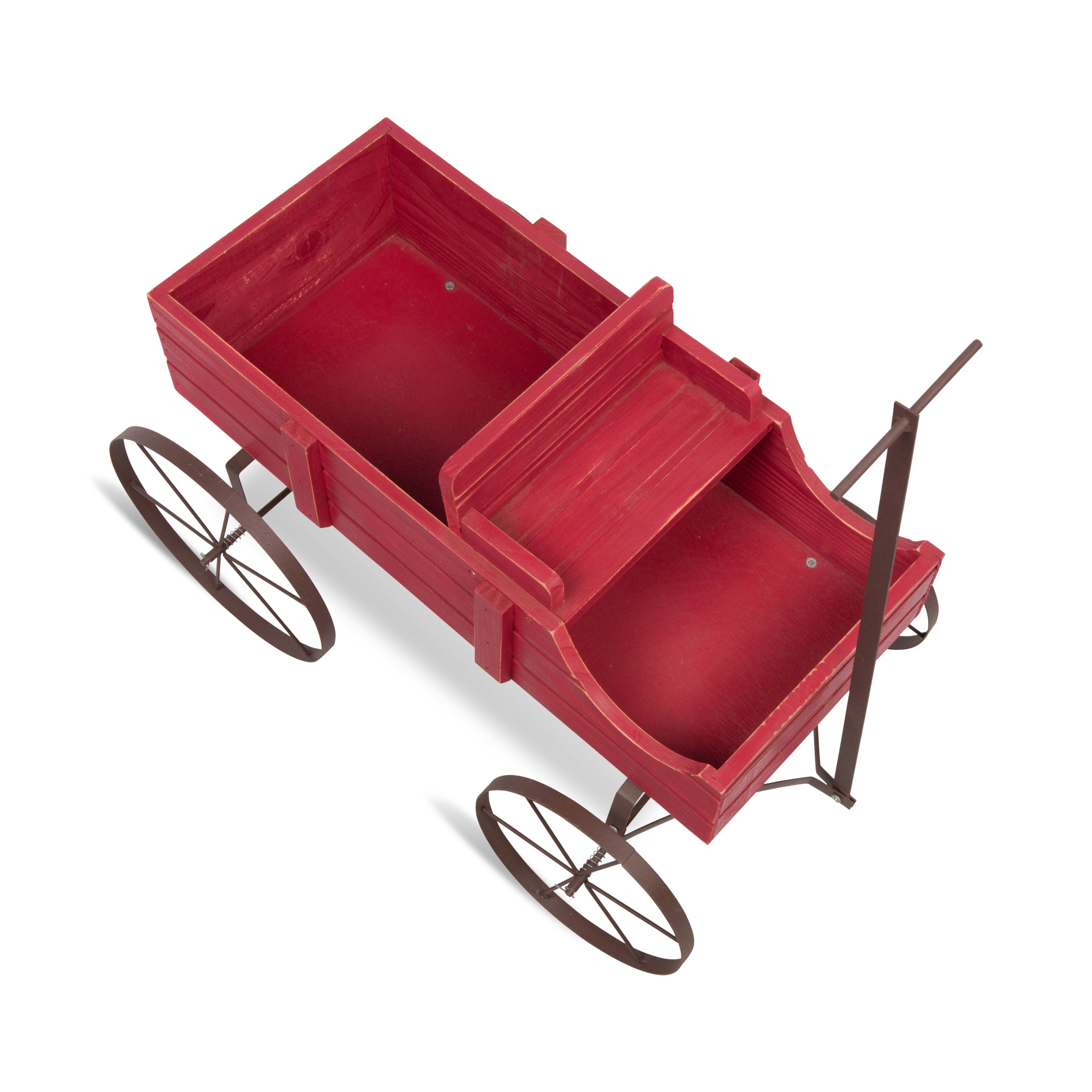 A miniature red toy wagon with dark brown wheels and handle, shown from an elevated angle on a white background.