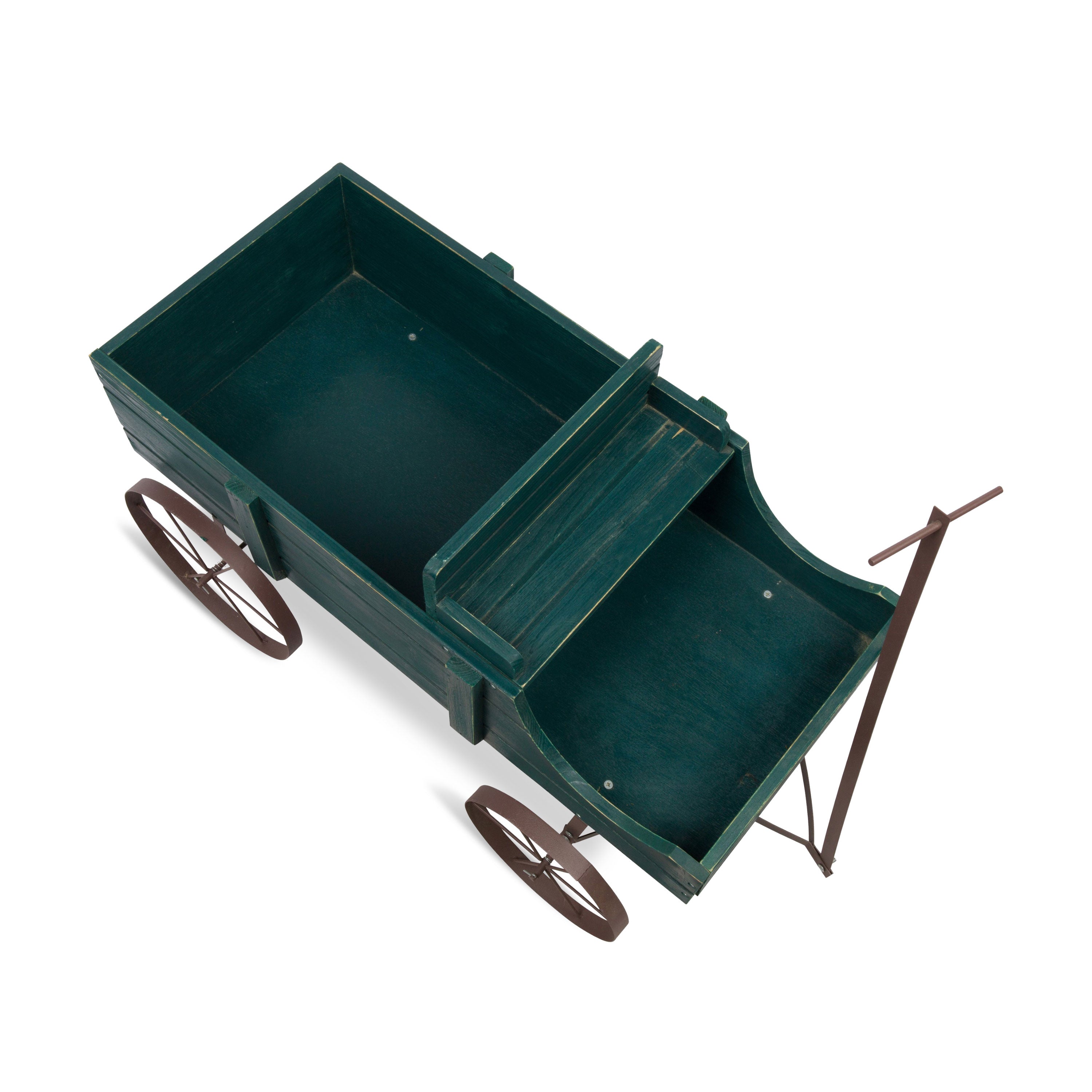 A miniature dark green wooden toy cart with brown spoked wheels and a handle, shown from an elevated angle on a white background.