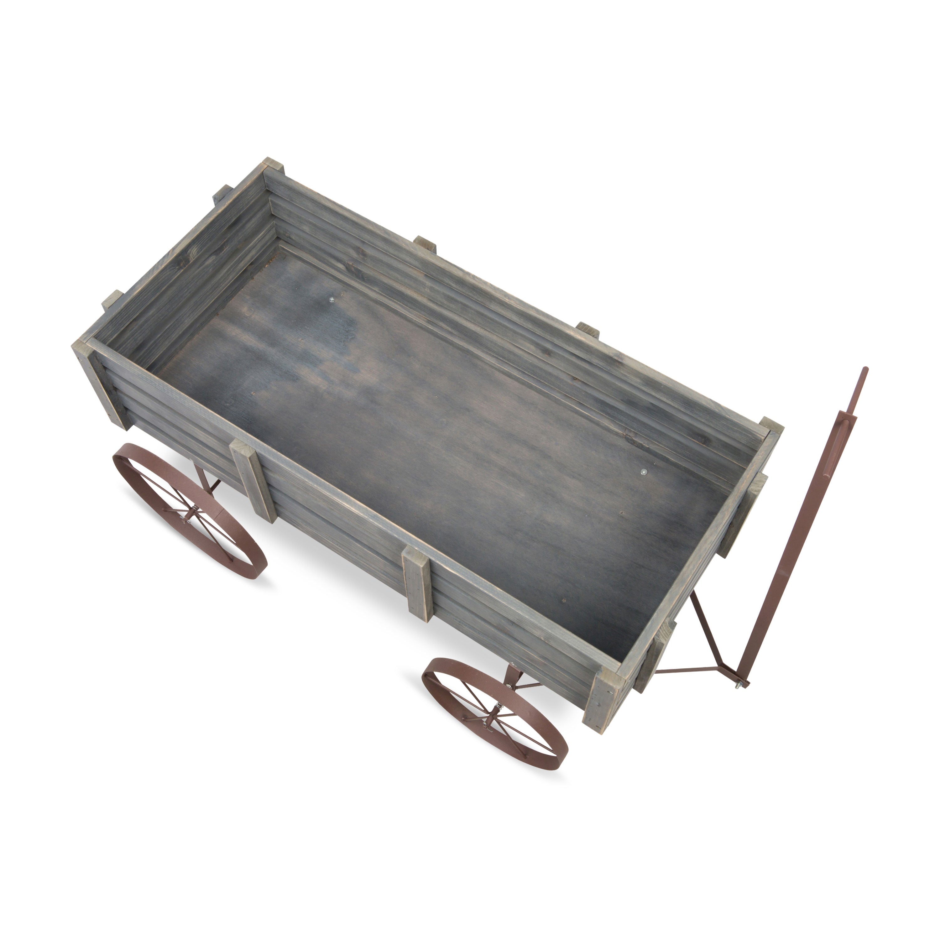 A rustic wooden wagon or cart with a weathered gray-brown finish, featuring two small spoked wheels and a long metal pull handle, shown on a plain white background.