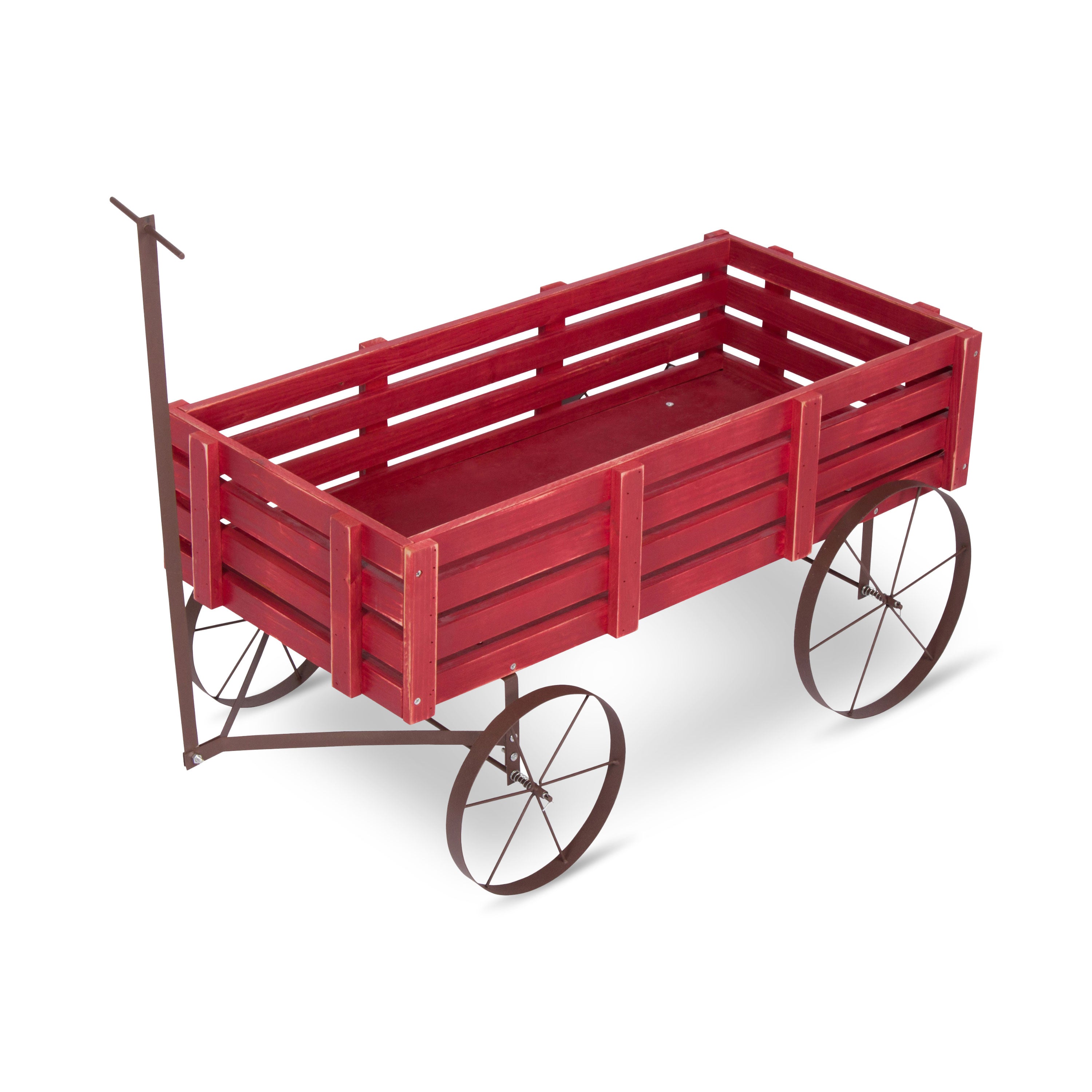 A red wooden slat wagon with dark brown metal wheels and a pull handle, shown on a clean white background.