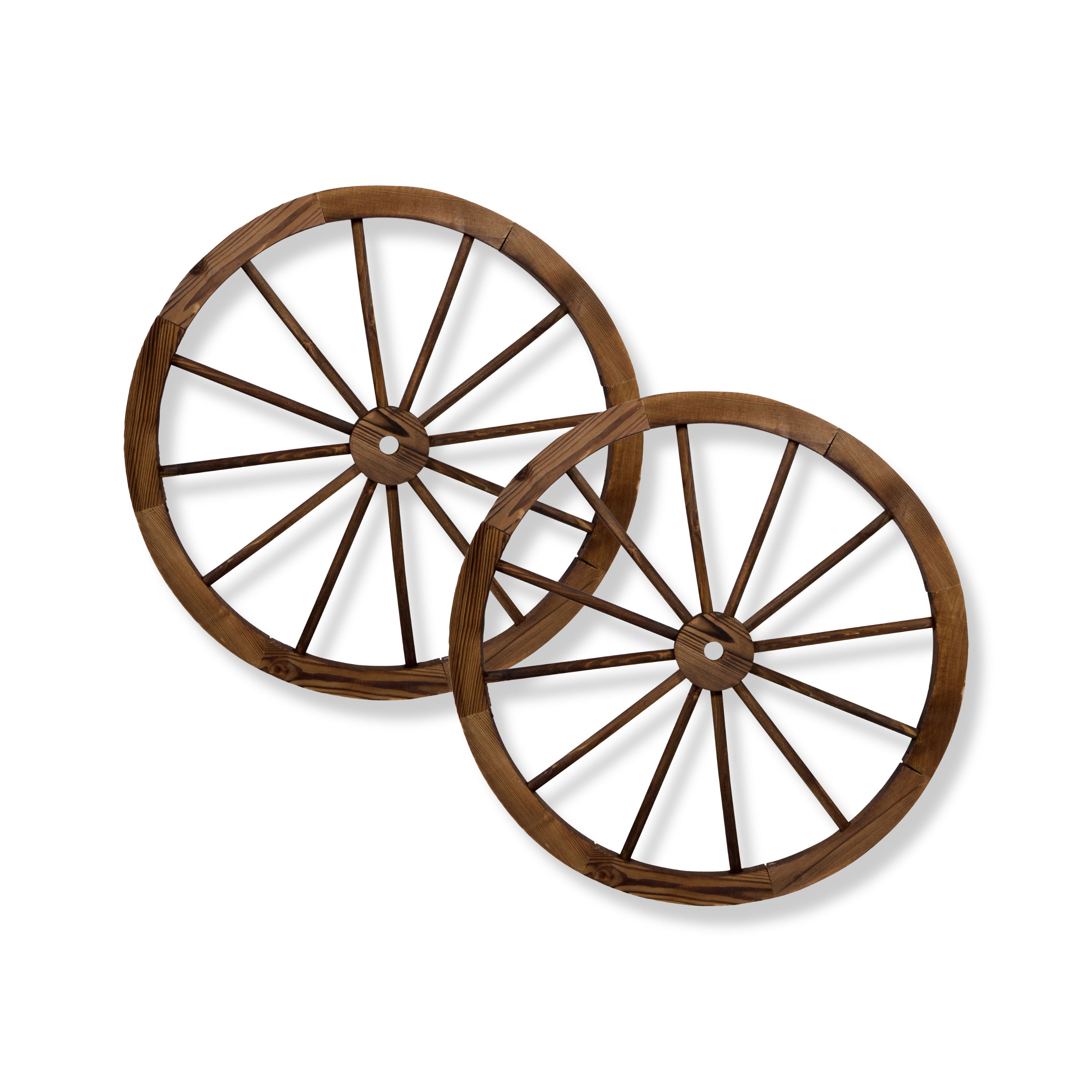 Two rustic brown wooden wagon wheels with multiple thin spokes, shown overlapping on a clean white background.