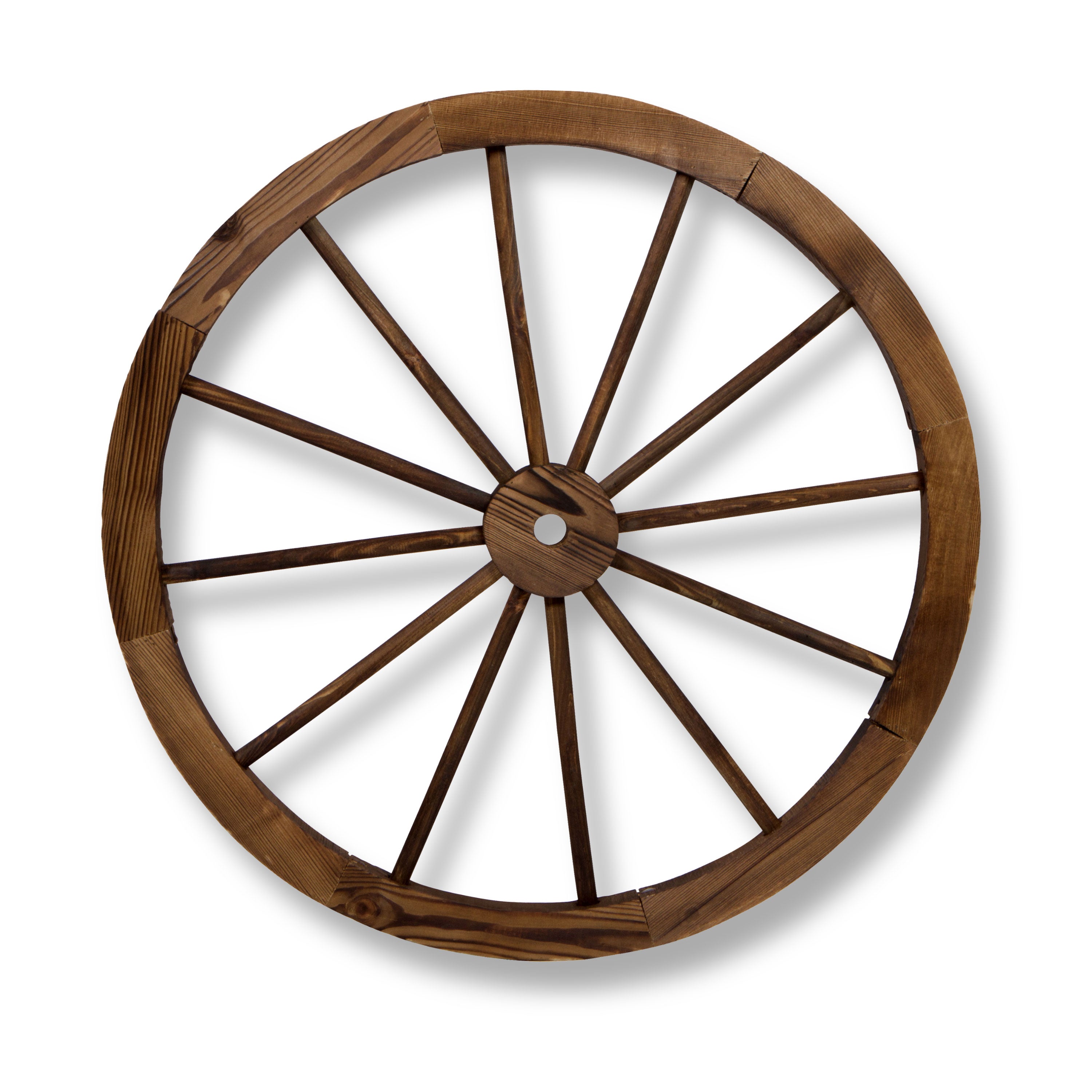 A rustic wooden wagon wheel wall decor piece with a dark brown finish, shown against a plain white background with a soft drop shadow.